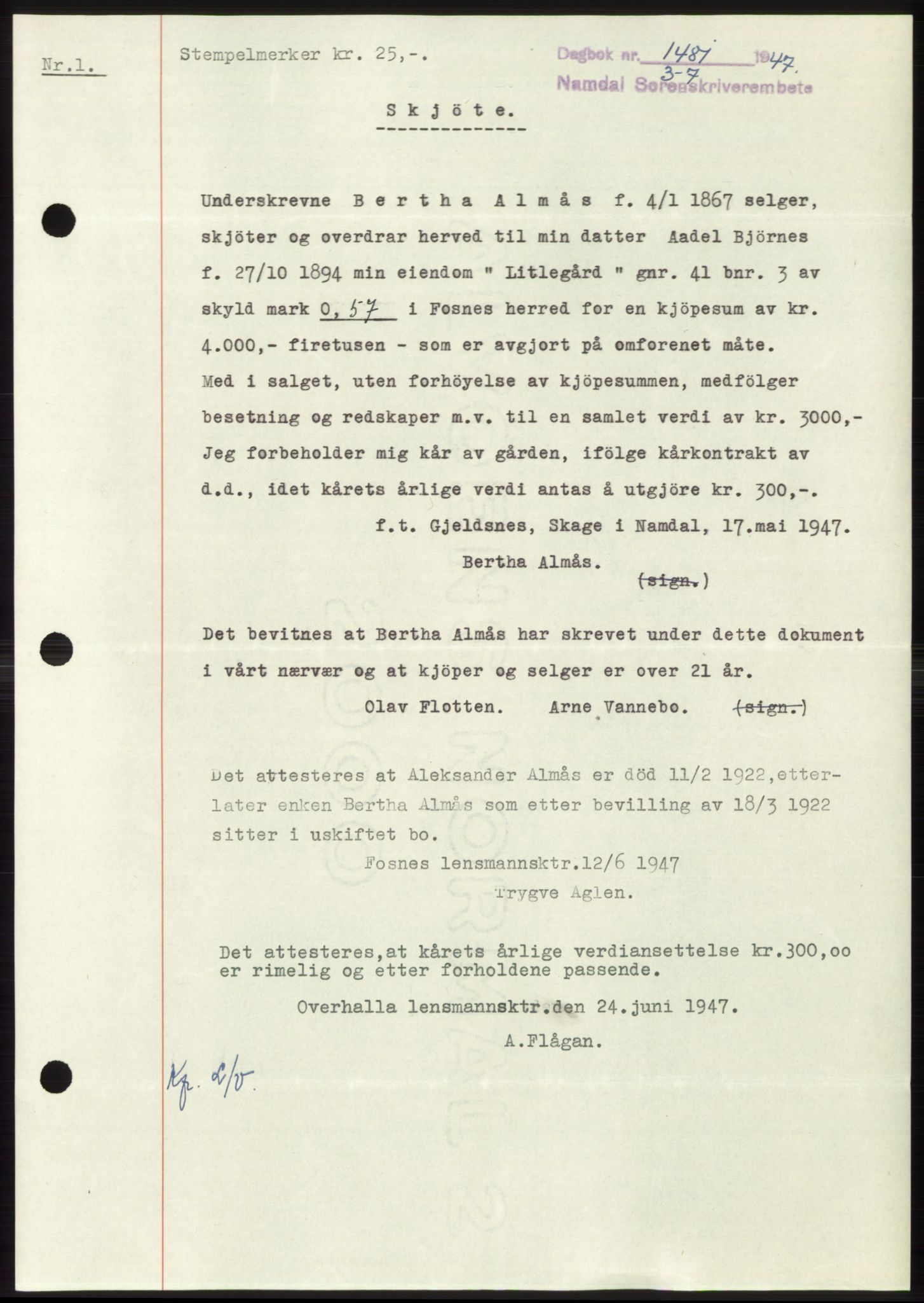 Namdal sorenskriveri, SAT/A-4133/1/2/2C: Pantebok nr. -, 1947-1947, Dagboknr: 1481/1947