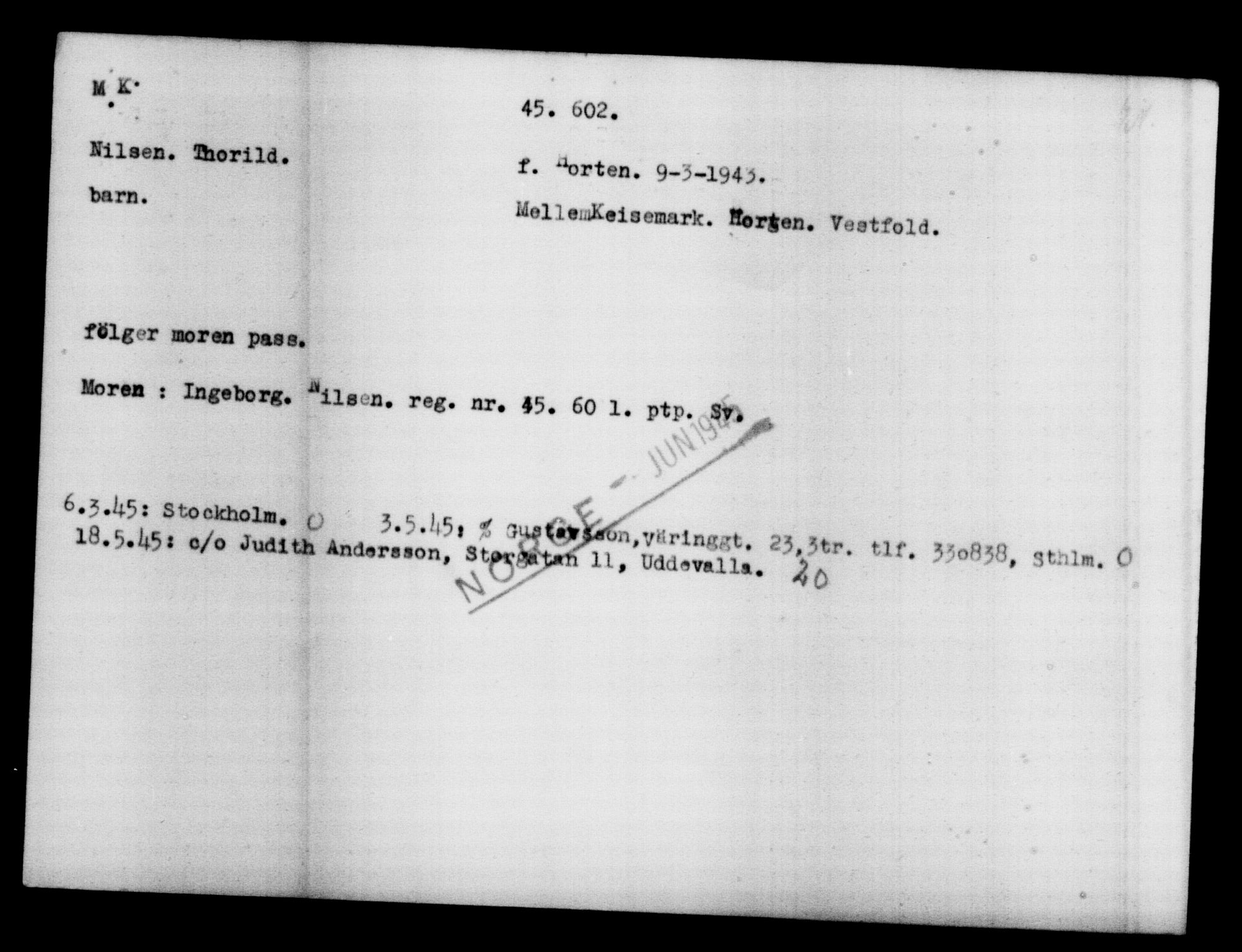 Utenriksstasjonene, Legasjonen i Stockholm, Flyktningkontoret, AV/RA-S-6753/V/Va/L0017: Kjesäterkartoteket, flyktninger med registreringsnr. 43400-46318, 1940-1945, s. 2289