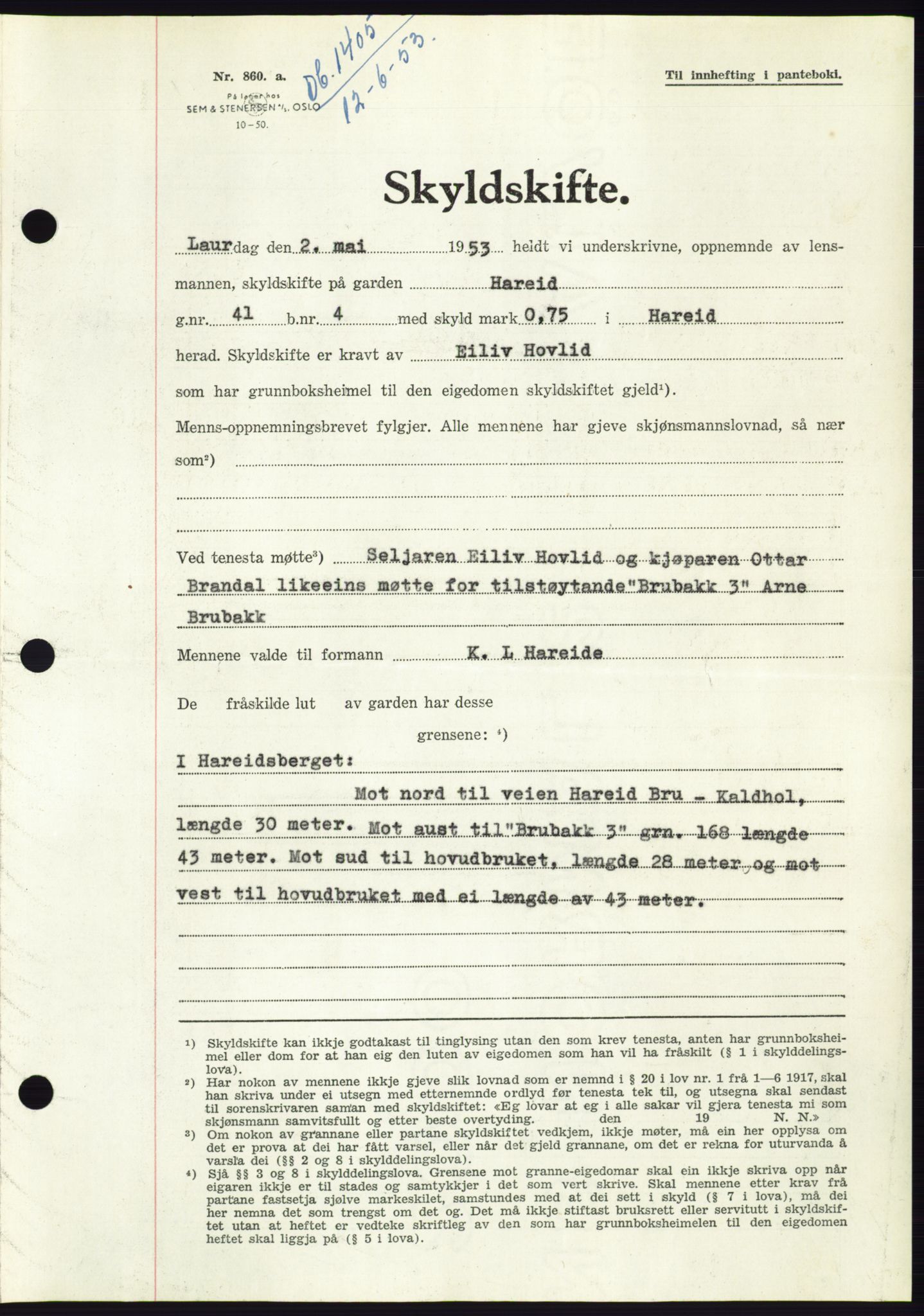 Søre Sunnmøre sorenskriveri, AV/SAT-A-4122/1/2/2C/L0095: Pantebok nr. 21A, 1953-1953, Dagboknr: 1405/1953