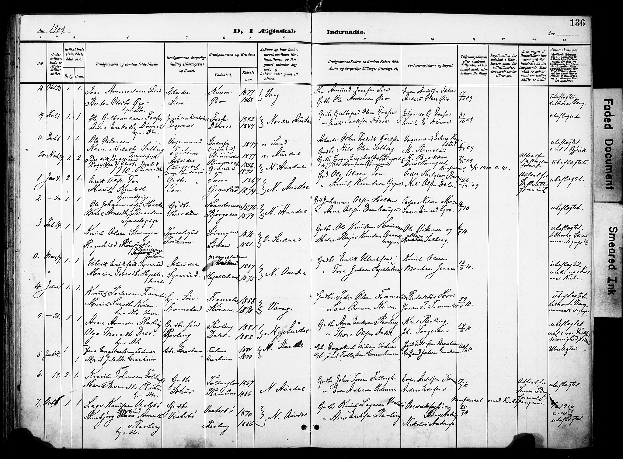 Nord-Aurdal prestekontor, SAH/PREST-132/H/Ha/Haa/L0014: Ministerialbok nr. 14, 1896-1912, s. 136