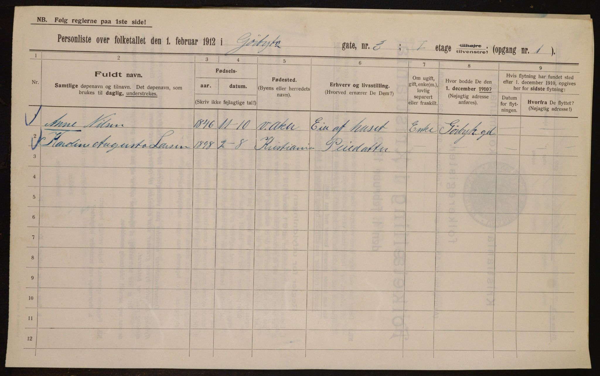 OBA, Kommunal folketelling 1.2.1912 for Kristiania, 1912, s. 32699