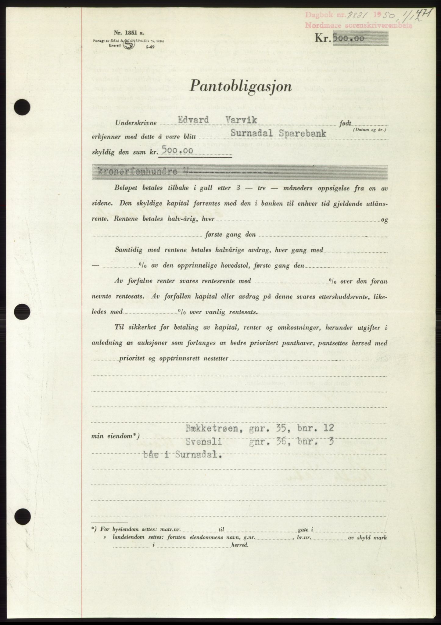 Nordmøre sorenskriveri, AV/SAT-A-4132/1/2/2Ca: Pantebok nr. B106, 1950-1950, Dagboknr: 3831/1950