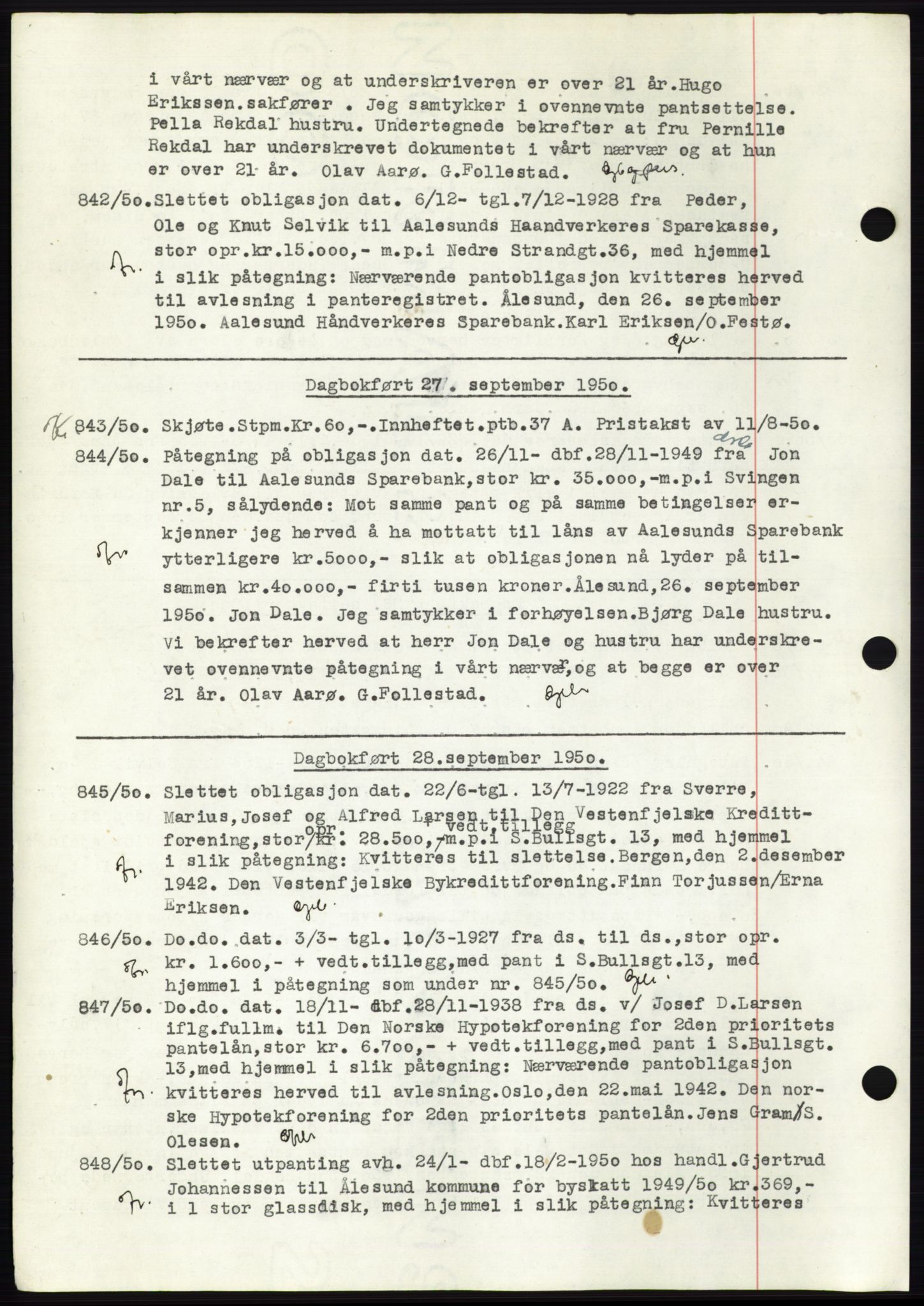 Ålesund byfogd, AV/SAT-A-4384: Pantebok nr. C37, 1950-1951, Dagboknr: 842/1950