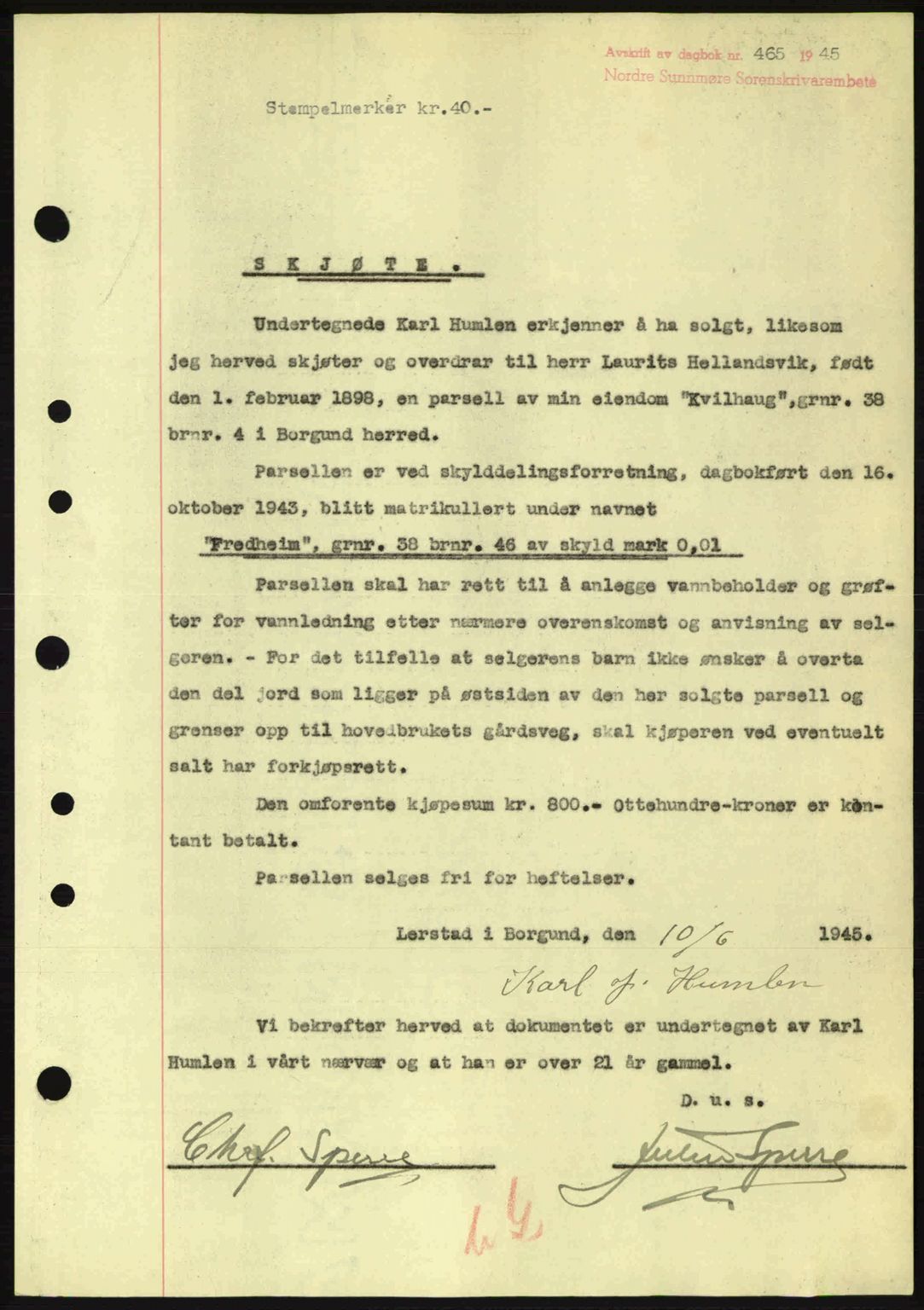 Nordre Sunnmøre sorenskriveri, SAT/A-0006/1/2/2C/2Ca: Pantebok nr. A19, 1944-1945, Dagboknr: 465/1945