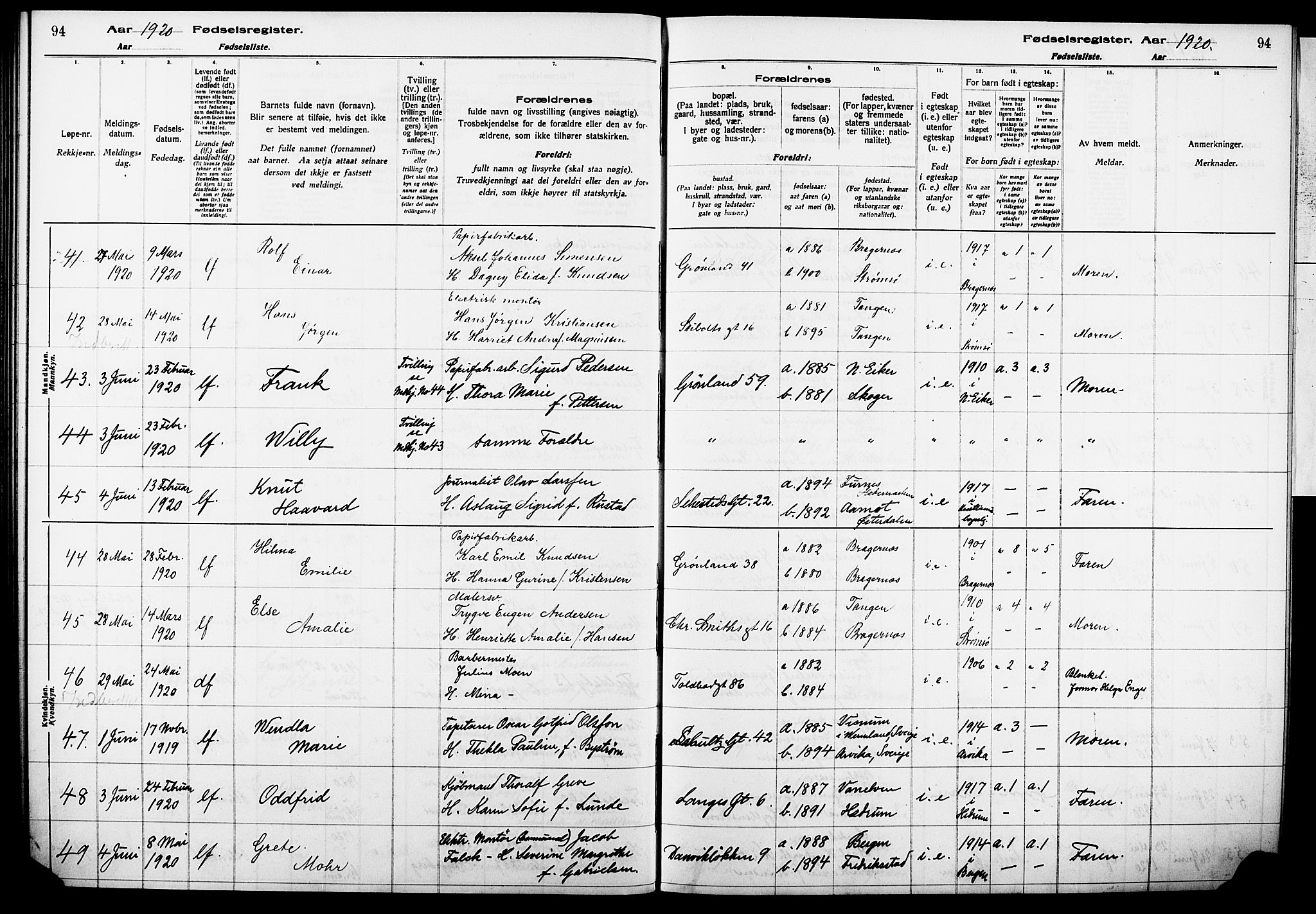 Strømsø kirkebøker, AV/SAKO-A-246/J/Ja/L0001: Fødselsregister nr. I 1, 1916-1925, s. 94