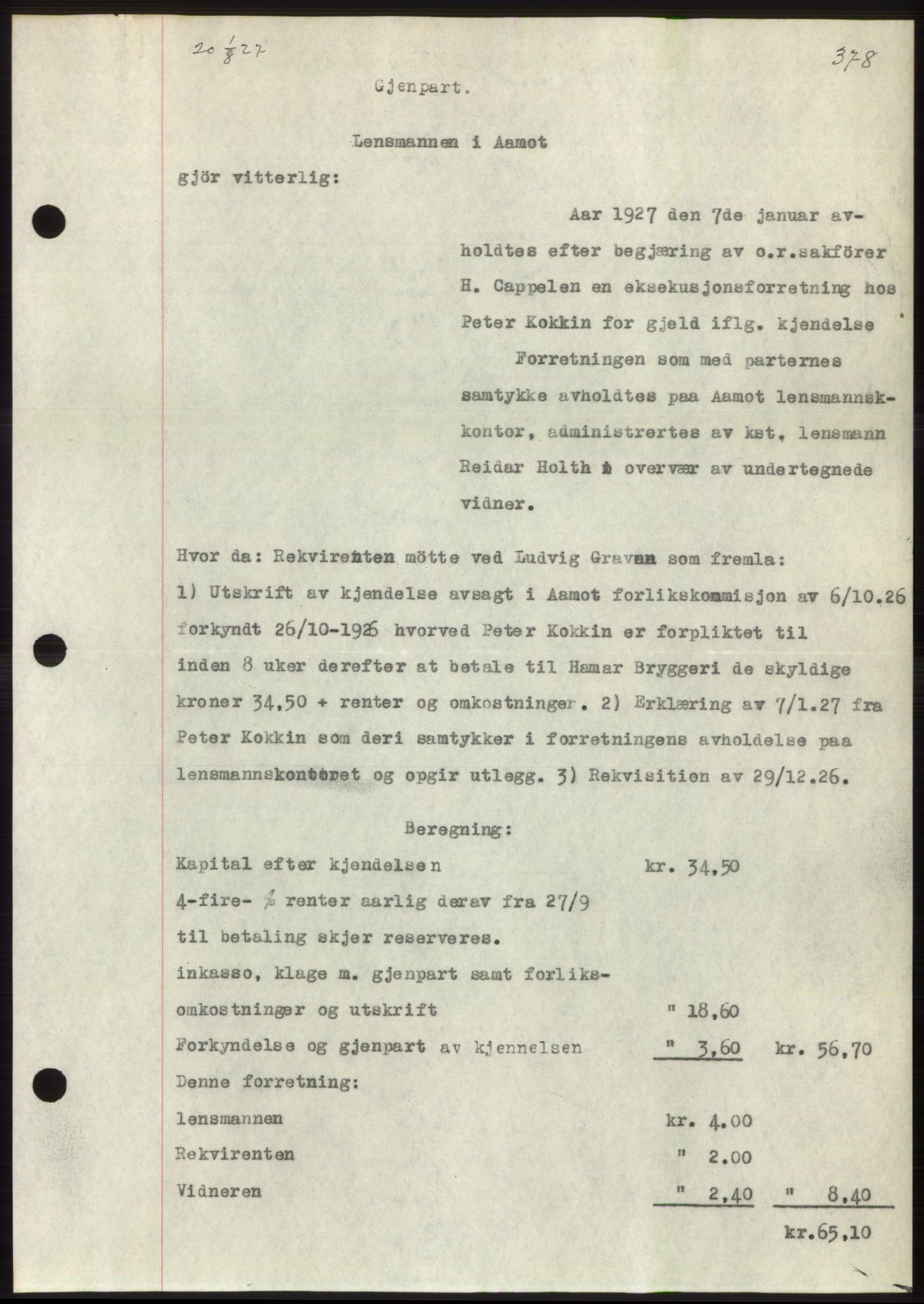 Romsdal sorenskriveri, SAT/A-4149/1/2/2C/L0052: Pantebok nr. 46, 1927-1927, Tingl.dato: 01.08.1927