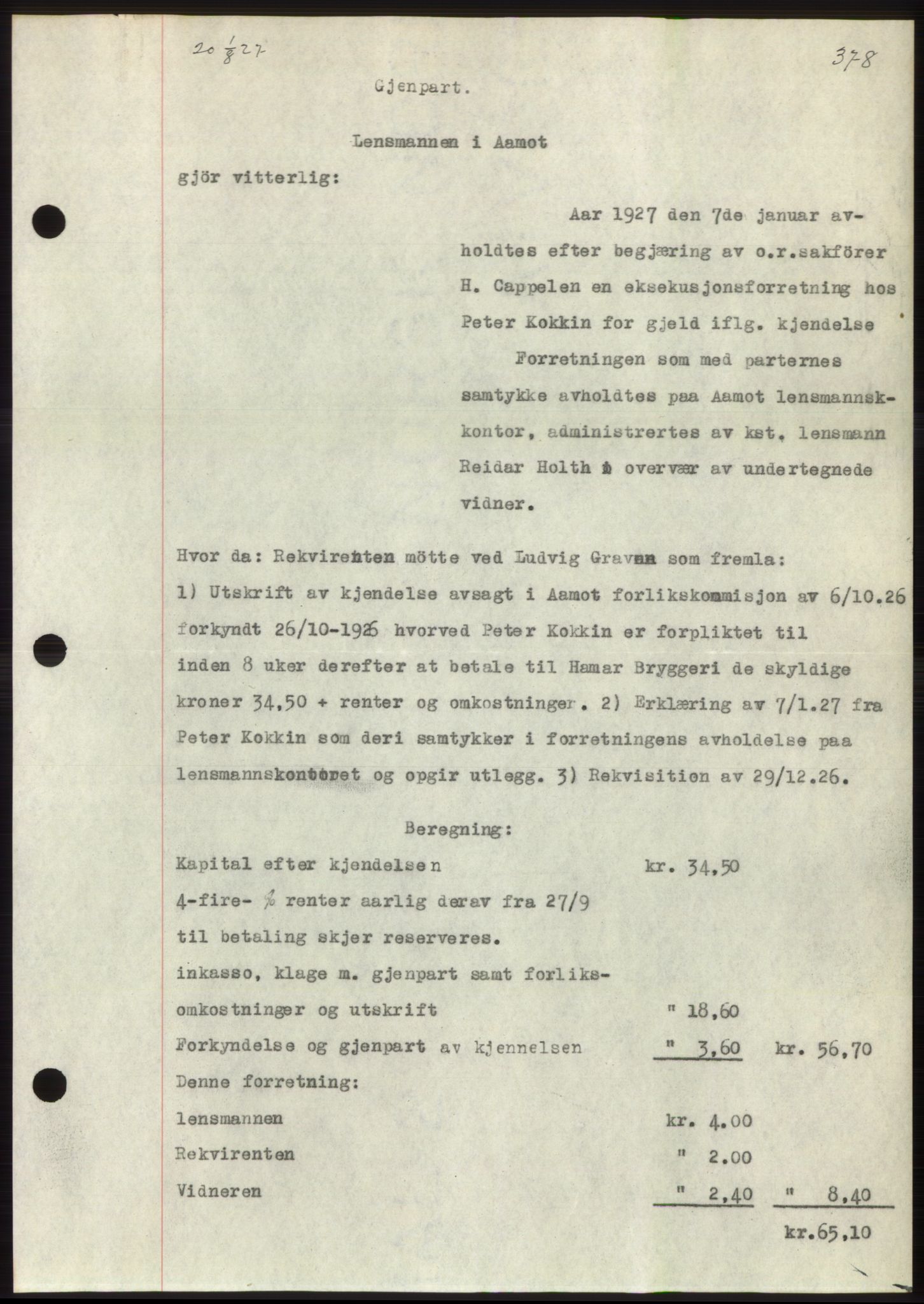 Romsdal sorenskriveri, AV/SAT-A-4149/1/2/2C/L0052: Pantebok nr. 46, 1927-1927, Tingl.dato: 01.08.1927