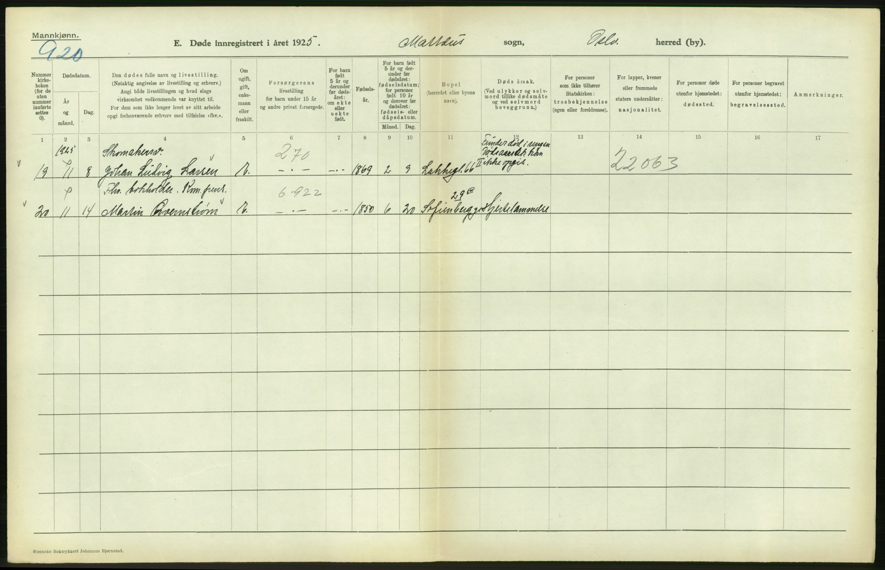 Statistisk sentralbyrå, Sosiodemografiske emner, Befolkning, AV/RA-S-2228/D/Df/Dfc/Dfce/L0009: Oslo: Døde menn, 1925, s. 346