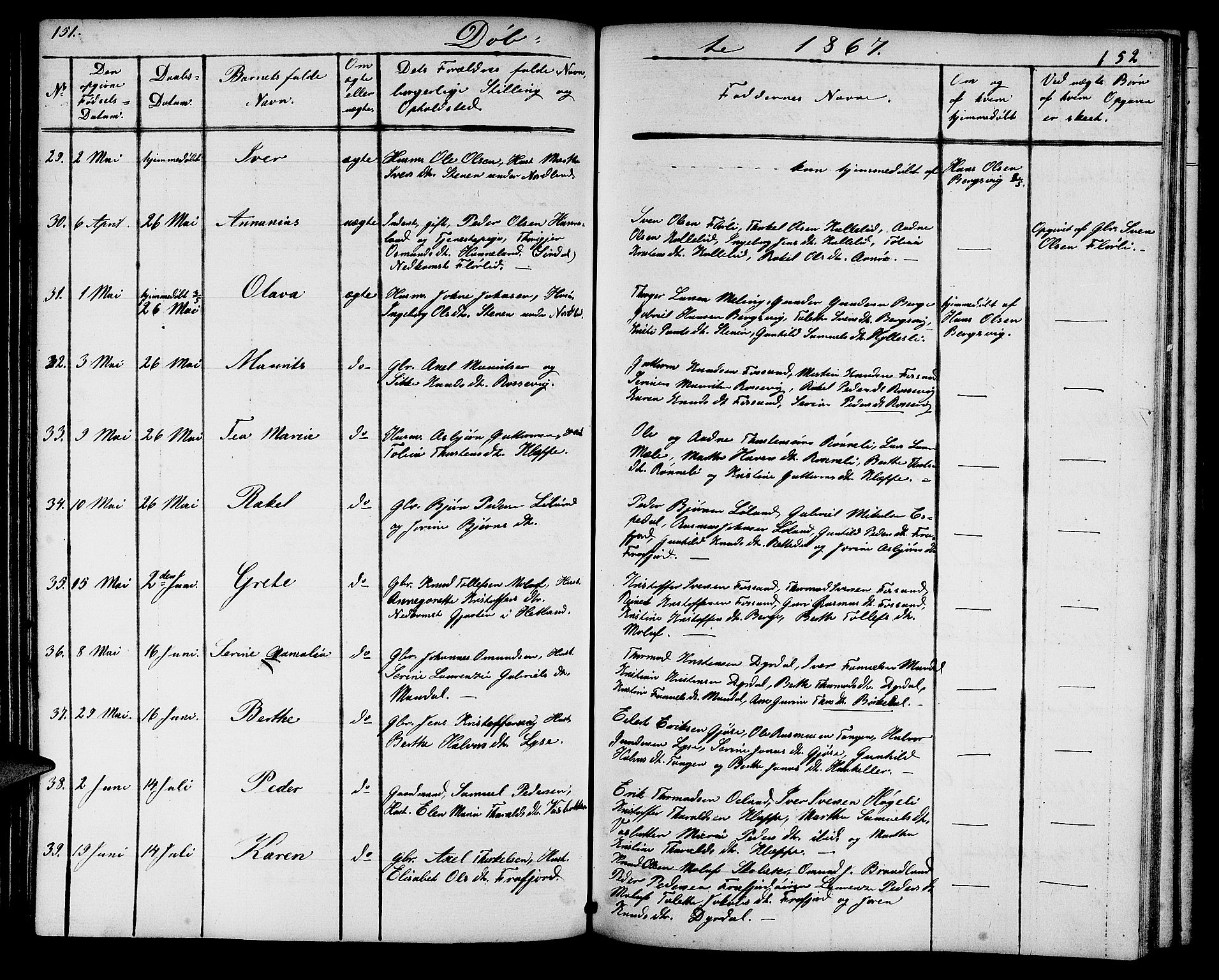 Høgsfjord sokneprestkontor, AV/SAST-A-101624/H/Ha/Hab/L0002: Klokkerbok nr. B 2, 1855-1882, s. 151-152