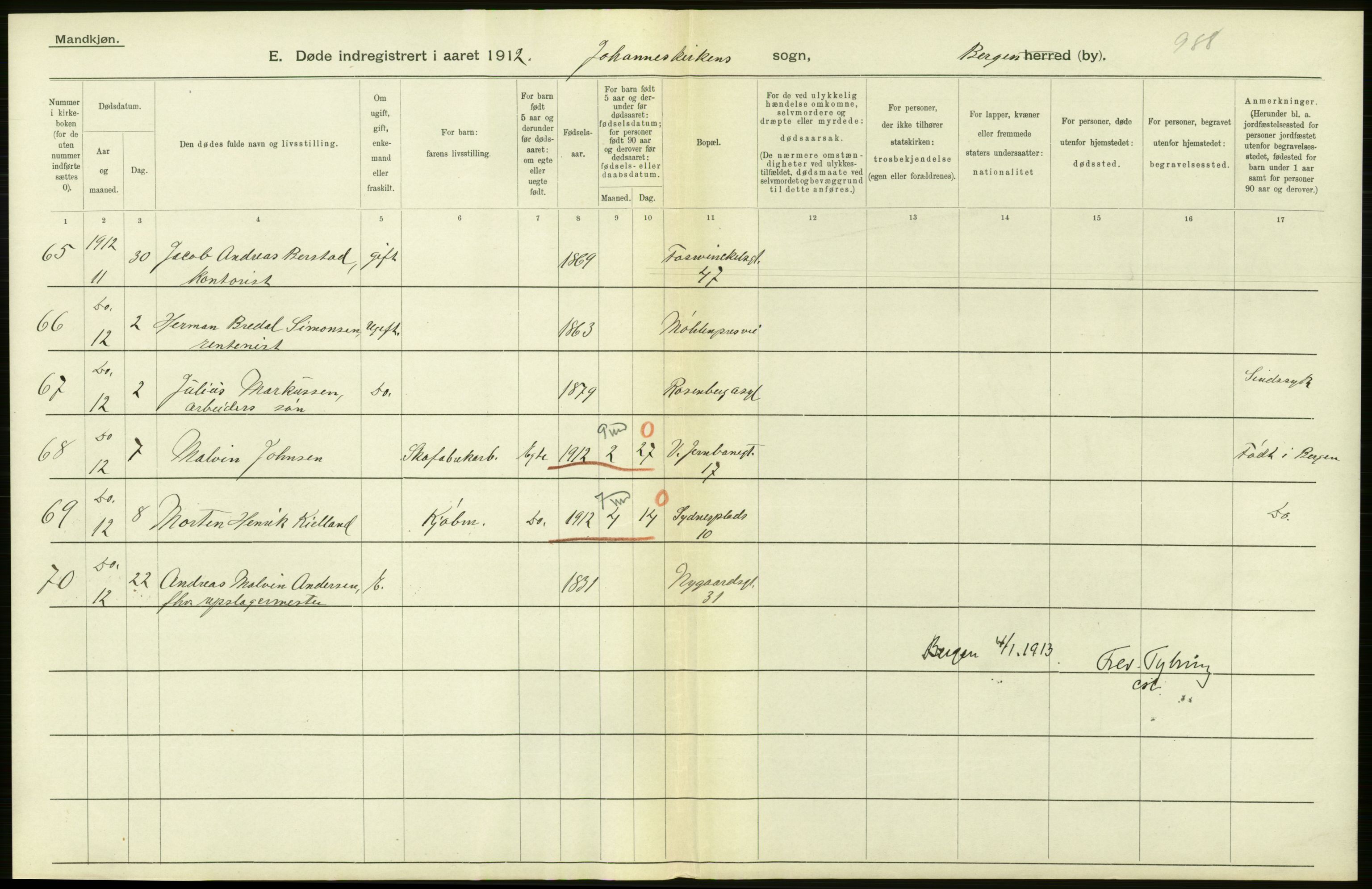 Statistisk sentralbyrå, Sosiodemografiske emner, Befolkning, RA/S-2228/D/Df/Dfb/Dfbb/L0033: Bergen: Gifte, døde, dødfødte., 1912, s. 220