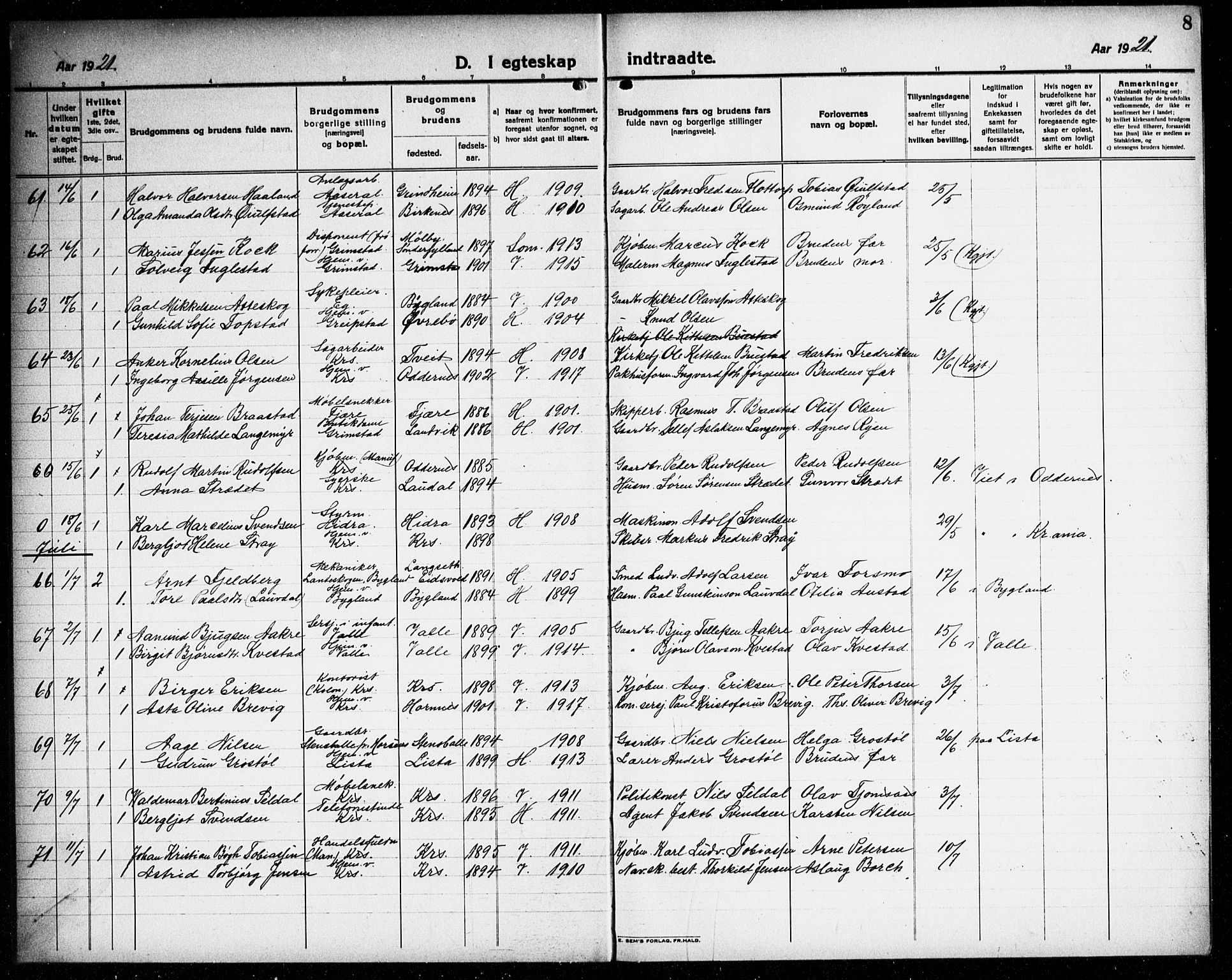Kristiansand domprosti, AV/SAK-1112-0006/F/Fb/L0023: Klokkerbok nr. B 23, 1921-1937, s. 8