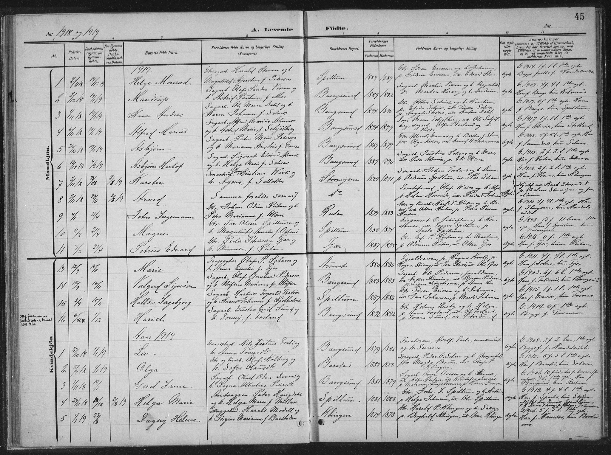 Ministerialprotokoller, klokkerbøker og fødselsregistre - Nord-Trøndelag, AV/SAT-A-1458/770/L0591: Klokkerbok nr. 770C02, 1902-1940, s. 45