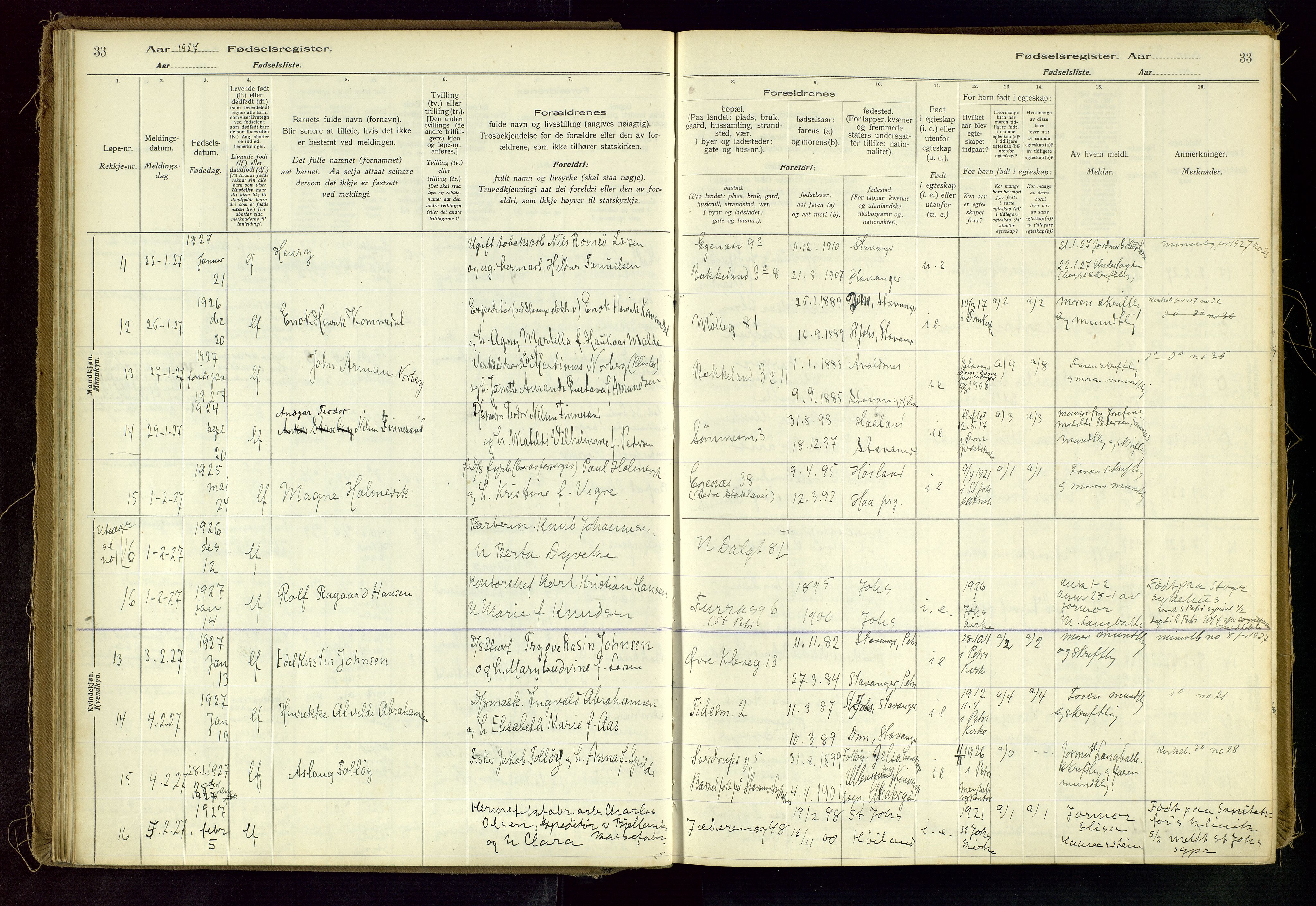 Domkirken sokneprestkontor, SAST/A-101812/002/A/L0001: Fødselsregister nr. 1, 1925-1932, s. 33