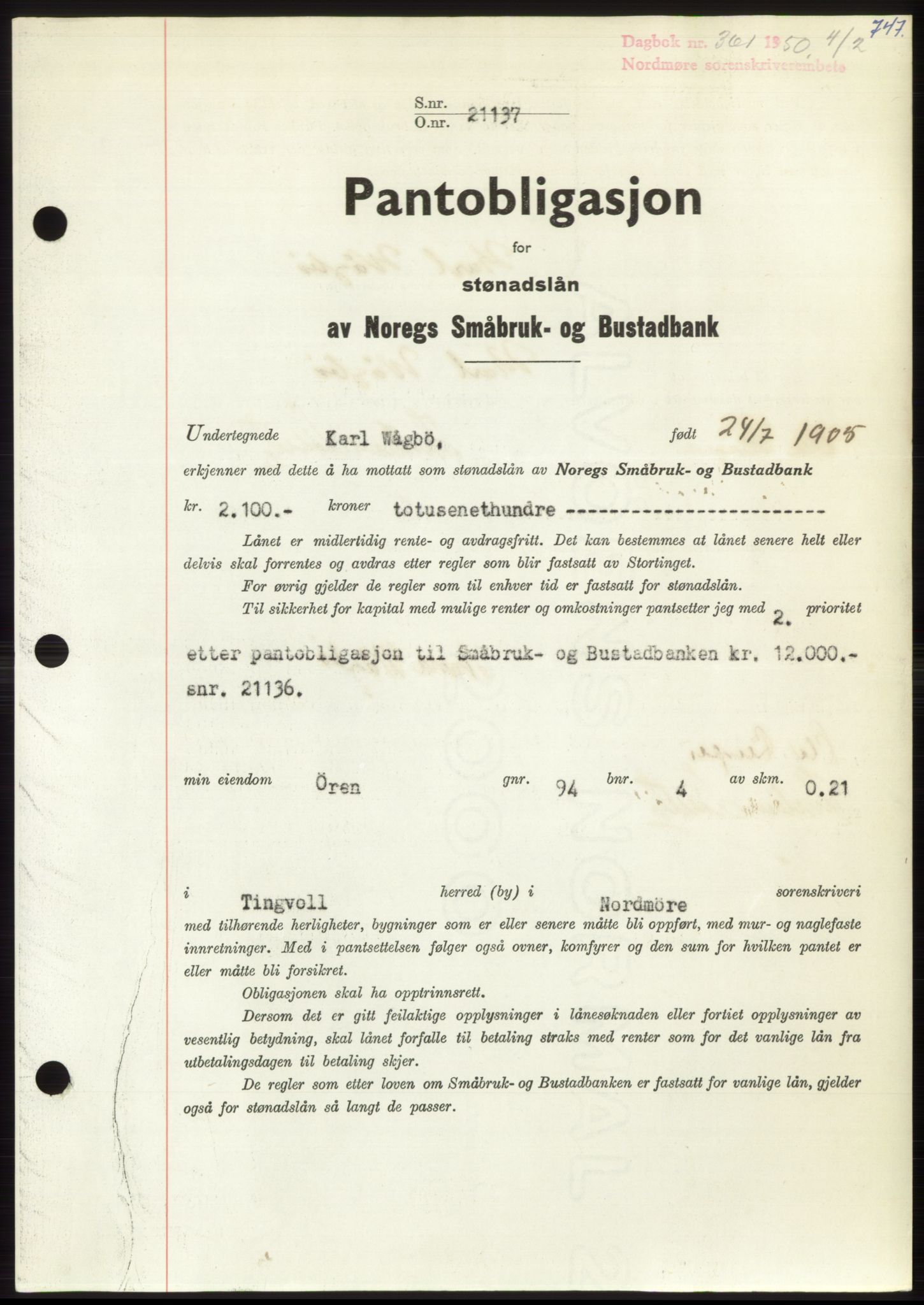 Nordmøre sorenskriveri, AV/SAT-A-4132/1/2/2Ca: Pantebok nr. B103, 1949-1950, Dagboknr: 361/1950