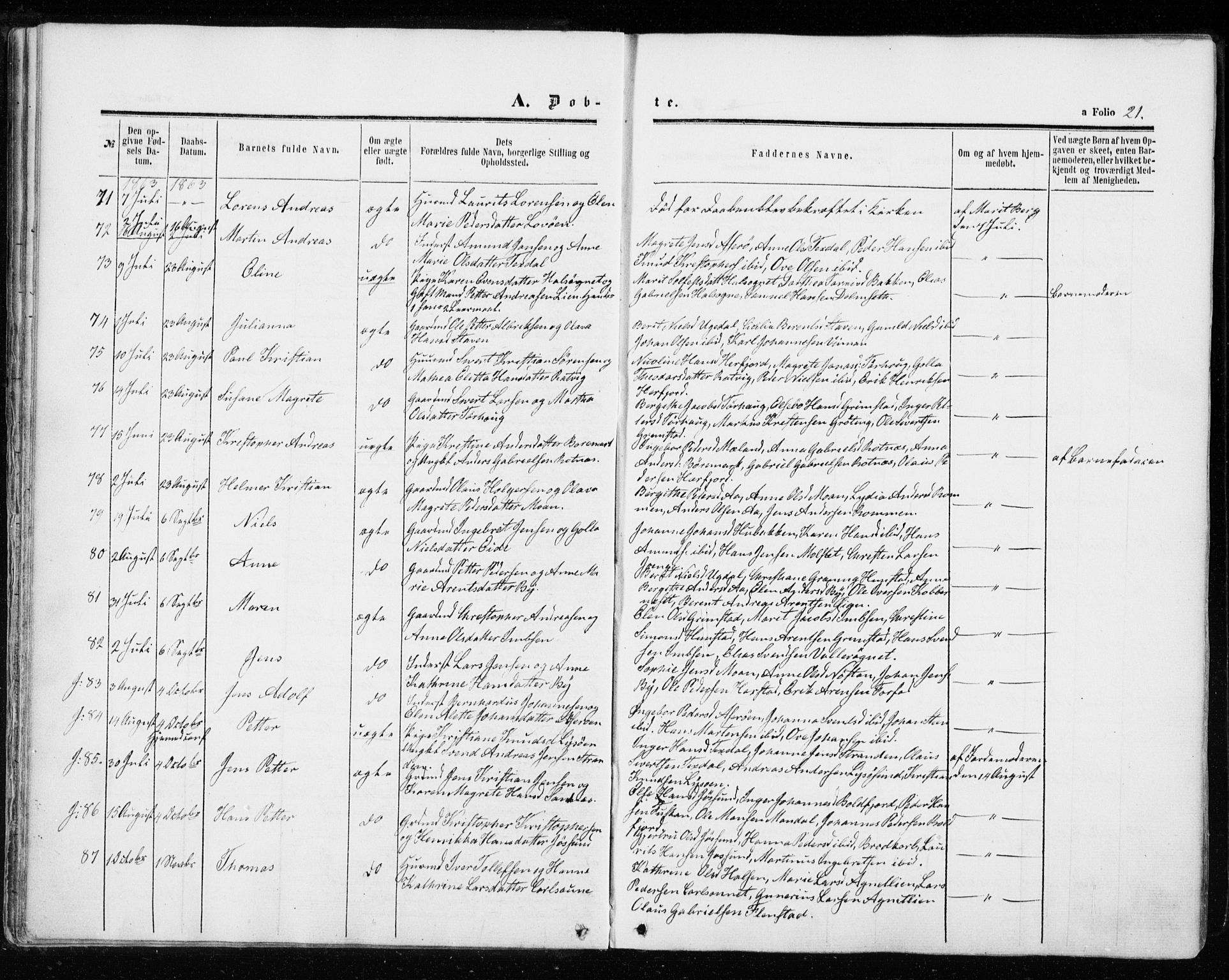 Ministerialprotokoller, klokkerbøker og fødselsregistre - Sør-Trøndelag, SAT/A-1456/655/L0678: Ministerialbok nr. 655A07, 1861-1873, s. 21