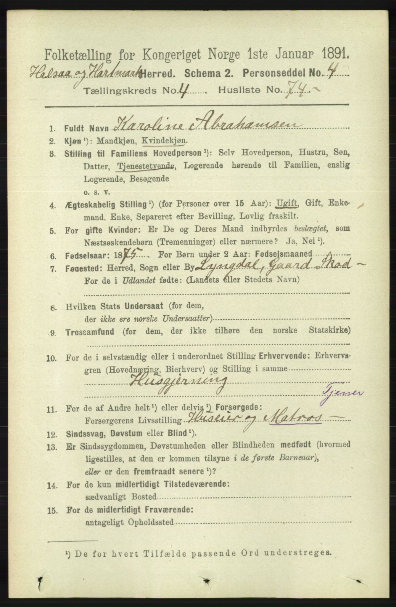 RA, Folketelling 1891 for 1019 Halse og Harkmark herred, 1891, s. 1911