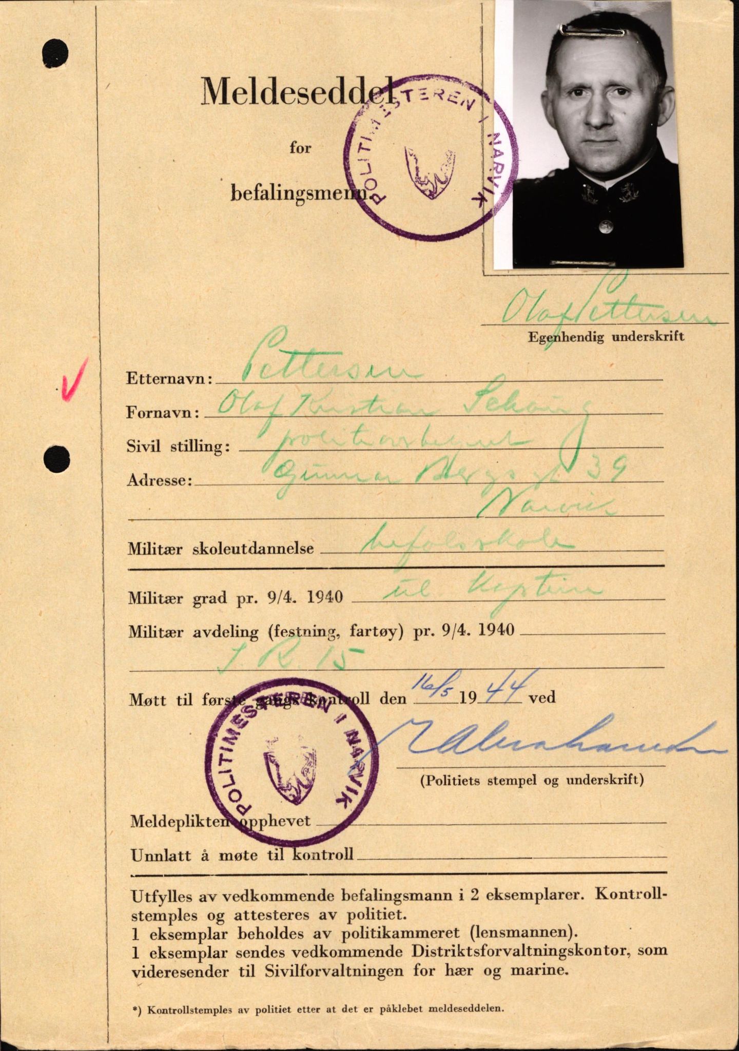 Forsvaret, Forsvarets krigshistoriske avdeling, AV/RA-RAFA-2017/Y/Yf/L0209: II-C-11-2121  -  Okkupasjonstiden.  Meldesedler for befal med foto og oppl. om militær grad 9. apr. 1940., 1944-1945, s. 513