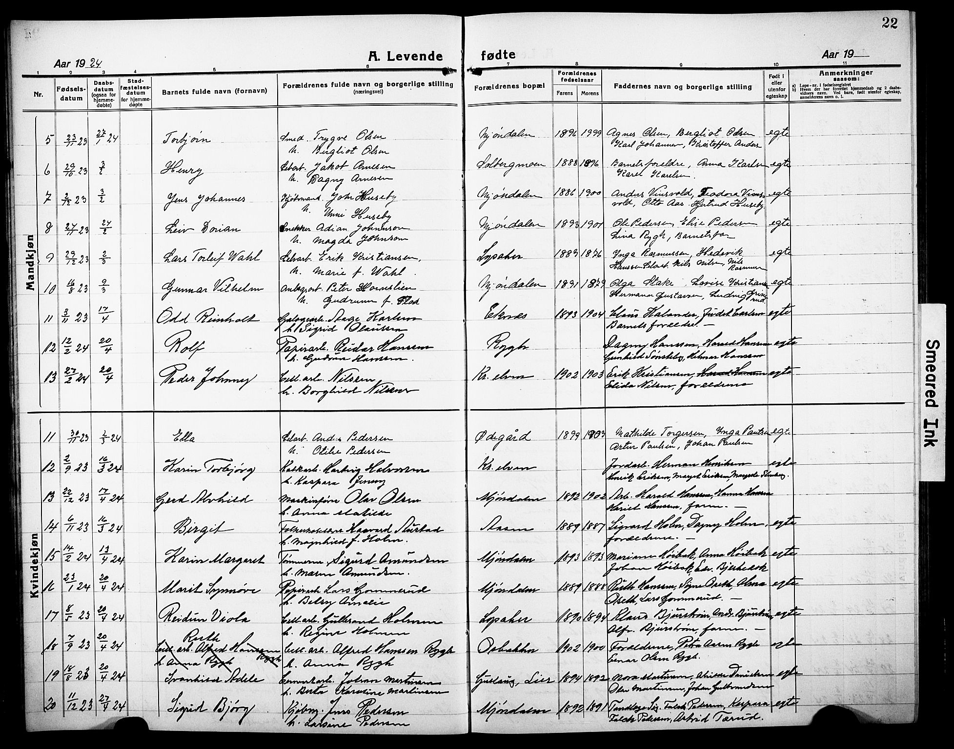 Nedre Eiker kirkebøker, AV/SAKO-A-612/G/Ga/L0006: Klokkerbok nr. 6, 1922-1933, s. 22