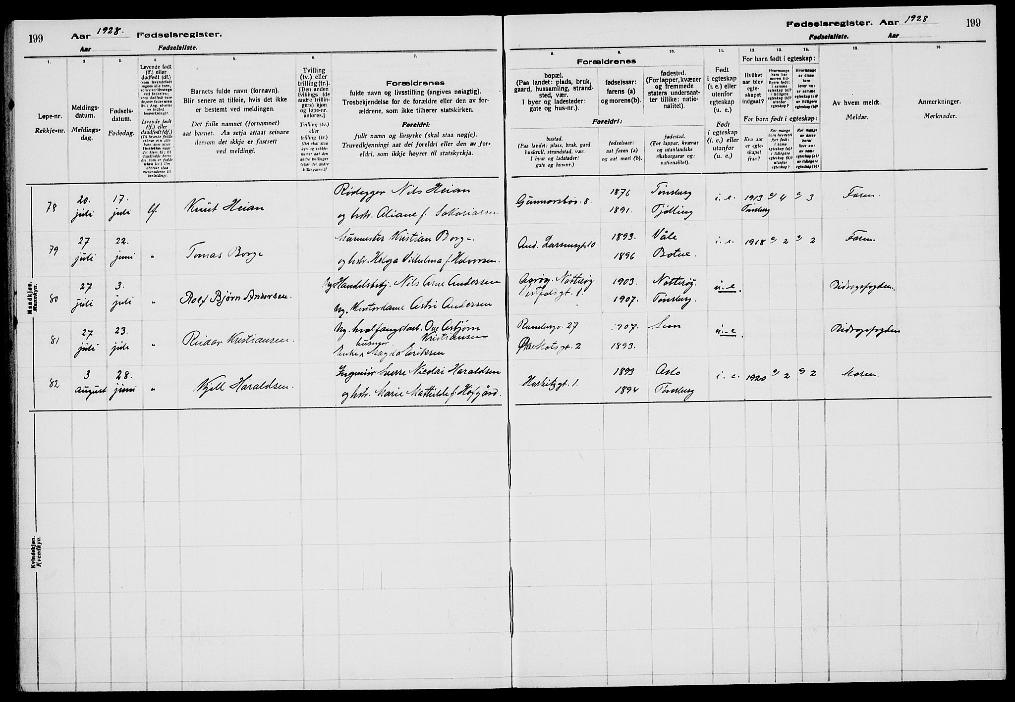 Tønsberg kirkebøker, AV/SAKO-A-330/J/Ja/L0002: Fødselsregister nr. 2, 1922-1928, s. 199