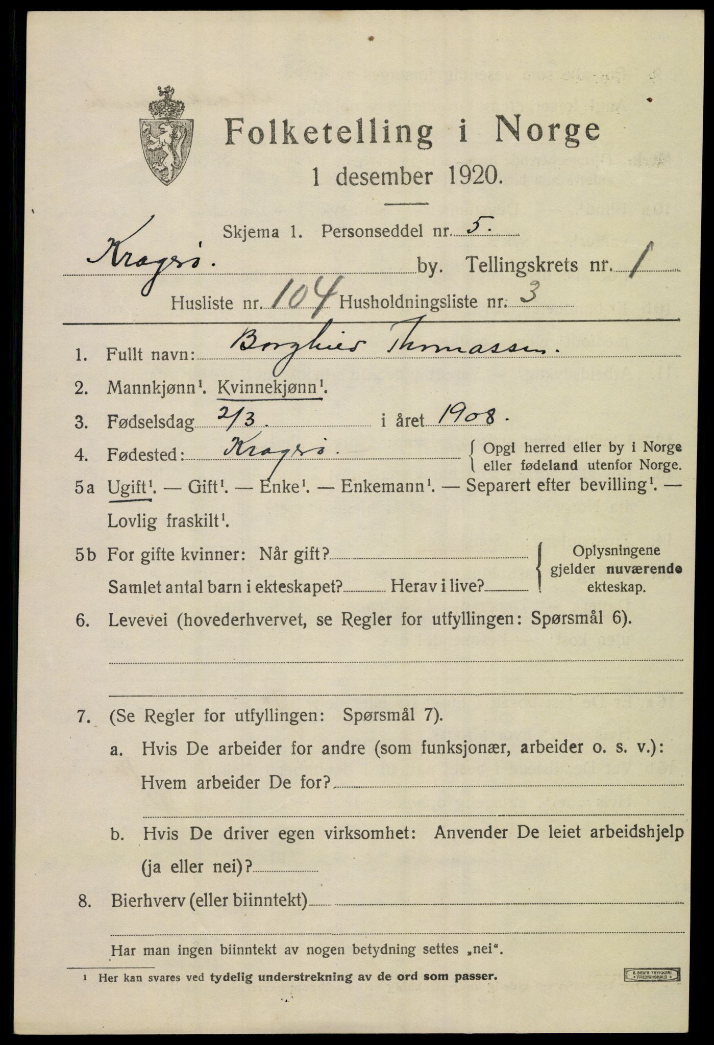 SAKO, Folketelling 1920 for 0801 Kragerø kjøpstad, 1920, s. 5319