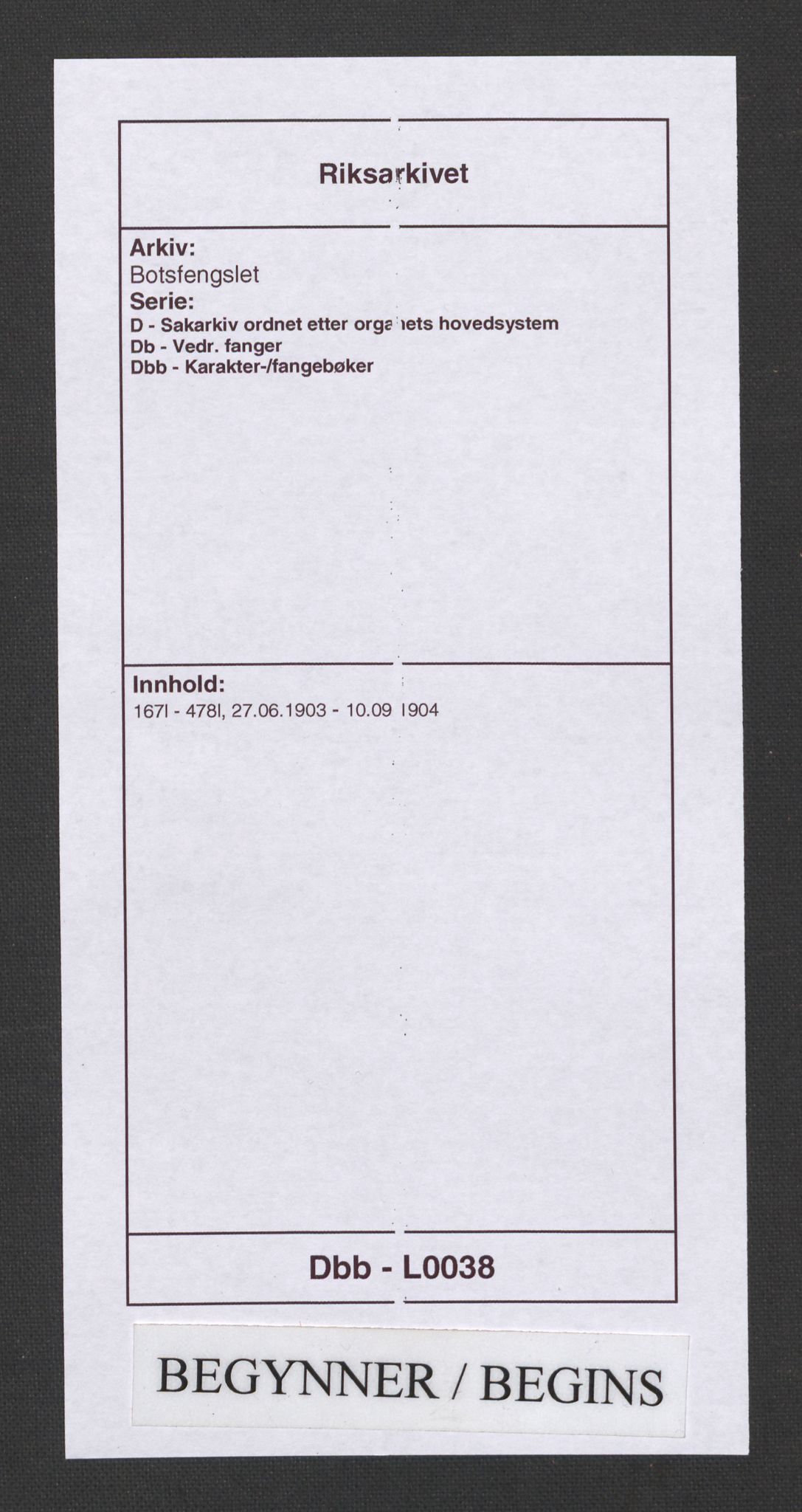 Botsfengslet, AV/RA-S-1539/D/Db/Dbb/L0038: 167l - 478l, 1903-1904