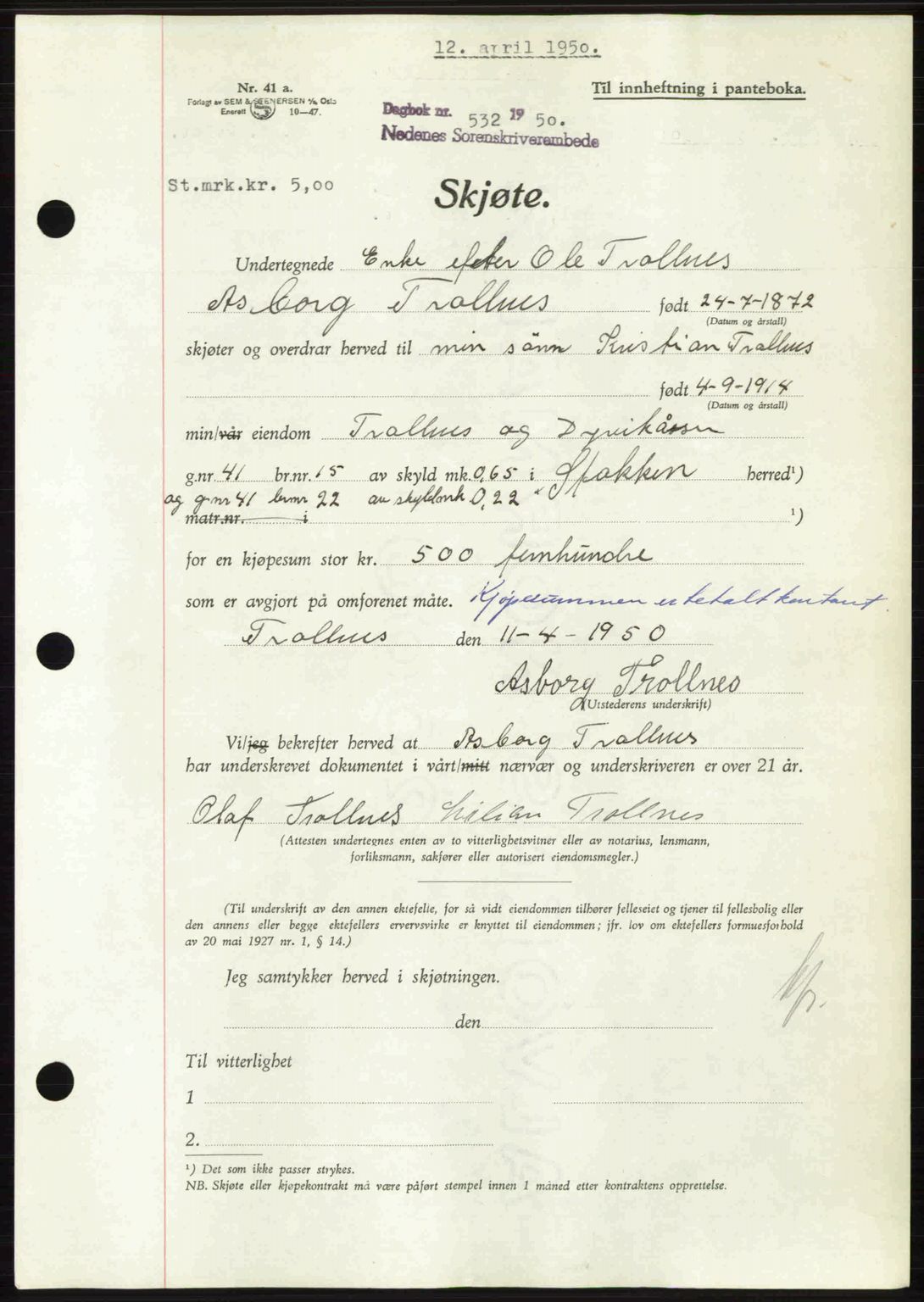 Nedenes sorenskriveri, AV/SAK-1221-0006/G/Gb/Gba/L0062: Pantebok nr. A14, 1949-1950, Dagboknr: 532/1950