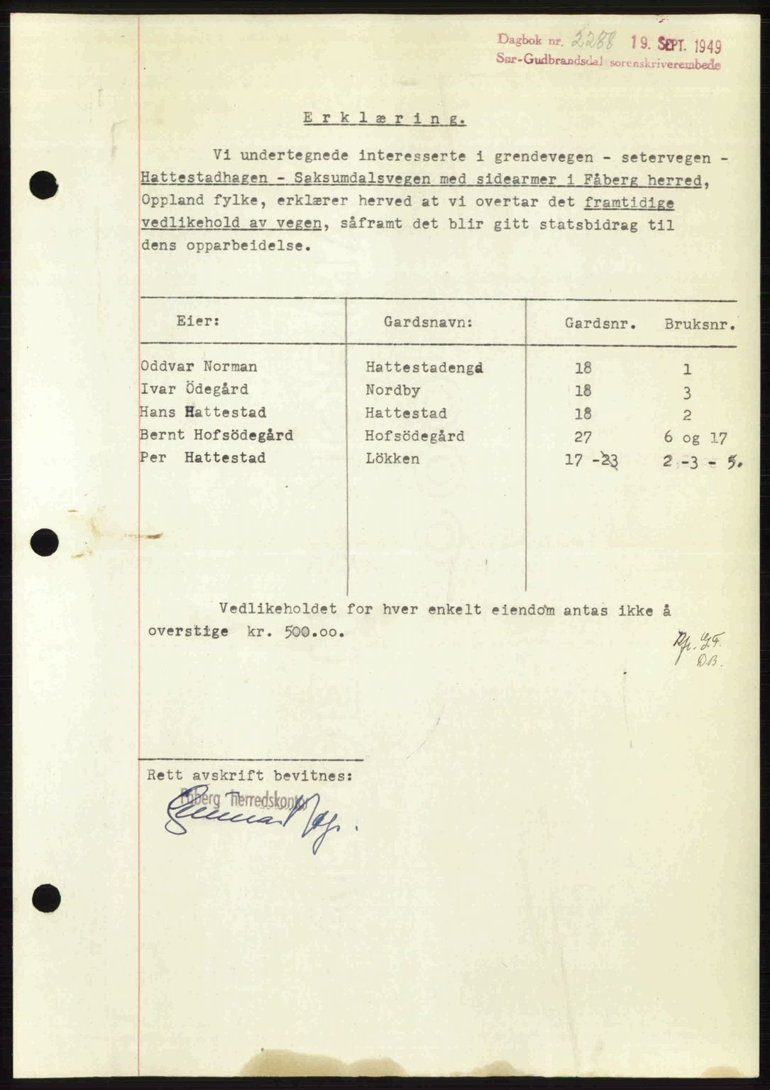 Sør-Gudbrandsdal tingrett, SAH/TING-004/H/Hb/Hbd/L0026: Pantebok nr. A26, 1949-1949, Dagboknr: 2288/1949