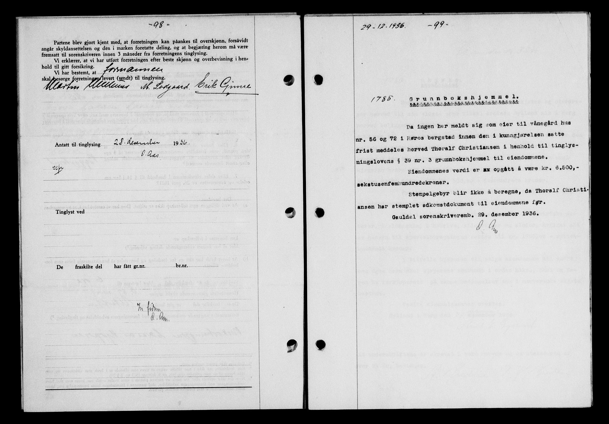 Gauldal sorenskriveri, SAT/A-0014/1/2/2C/L0046: Pantebok nr. 49-50, 1936-1937, Dagboknr: 1785/1936
