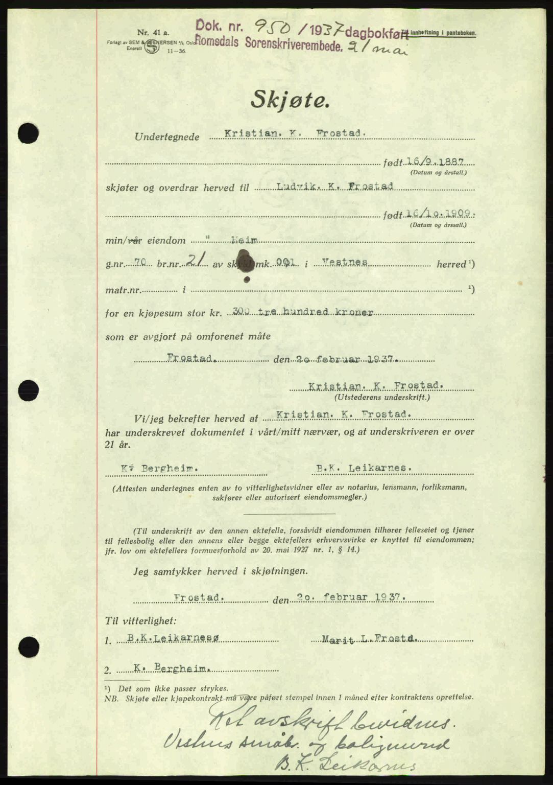 Romsdal sorenskriveri, SAT/A-4149/1/2/2C: Pantebok nr. A3, 1937-1937, Dagboknr: 950/1937