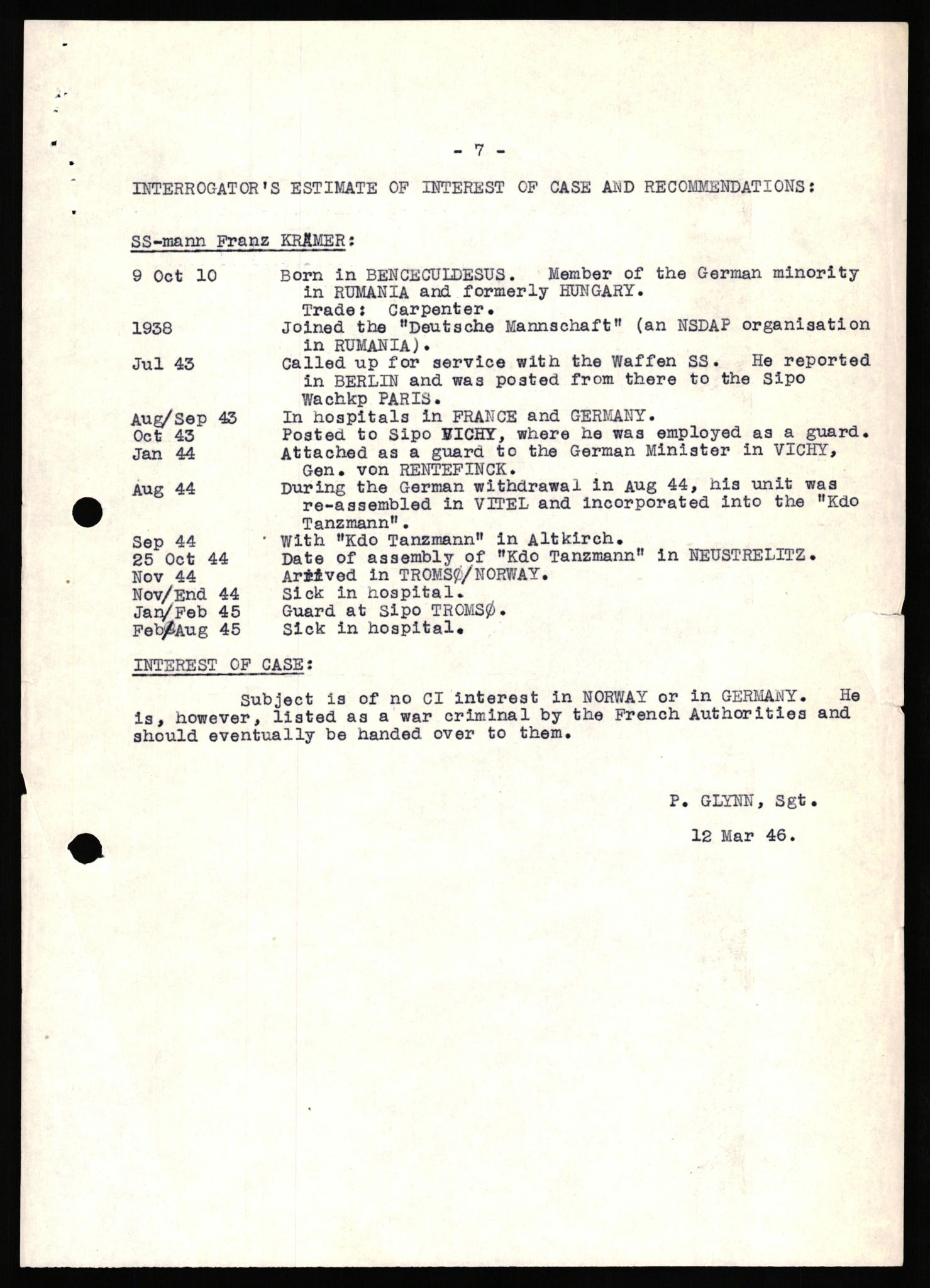 Forsvaret, Forsvarets overkommando II, AV/RA-RAFA-3915/D/Db/L0041: CI Questionaires.  Diverse nasjonaliteter., 1945-1946, s. 115