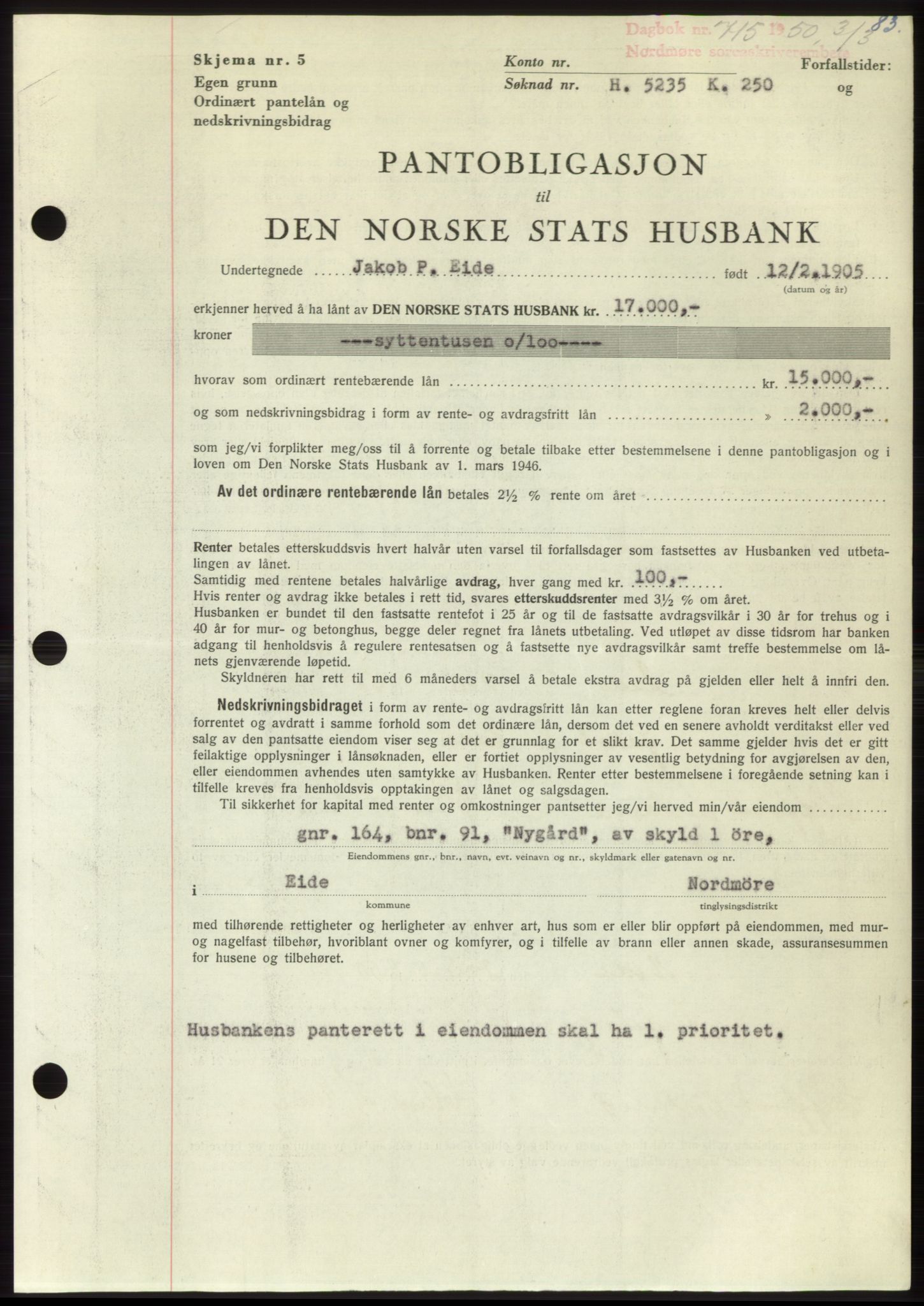 Nordmøre sorenskriveri, SAT/A-4132/1/2/2Ca: Pantebok nr. B104, 1950-1950, Dagboknr: 715/1950