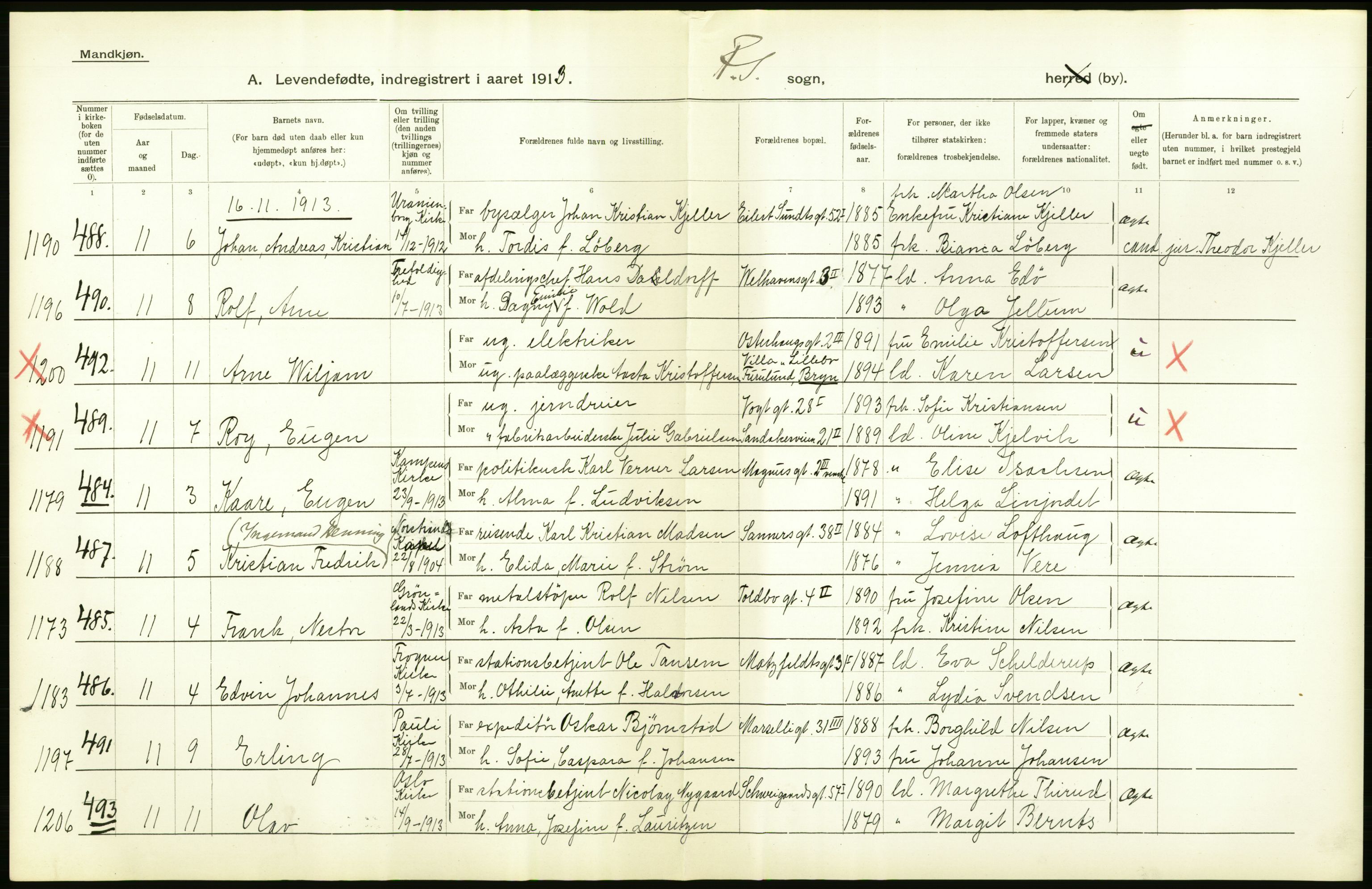 Statistisk sentralbyrå, Sosiodemografiske emner, Befolkning, AV/RA-S-2228/D/Df/Dfb/Dfbc/L0007: Kristiania: Levendefødte menn og kvinner., 1913, s. 20