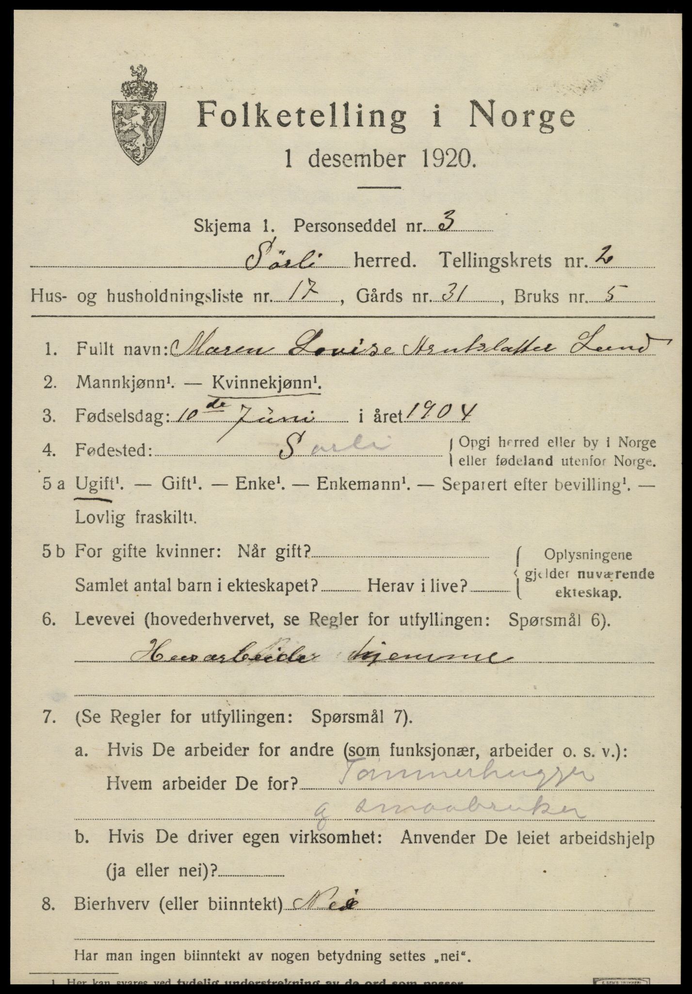 SAT, Folketelling 1920 for 1737 Sørli herred, 1920, s. 1057