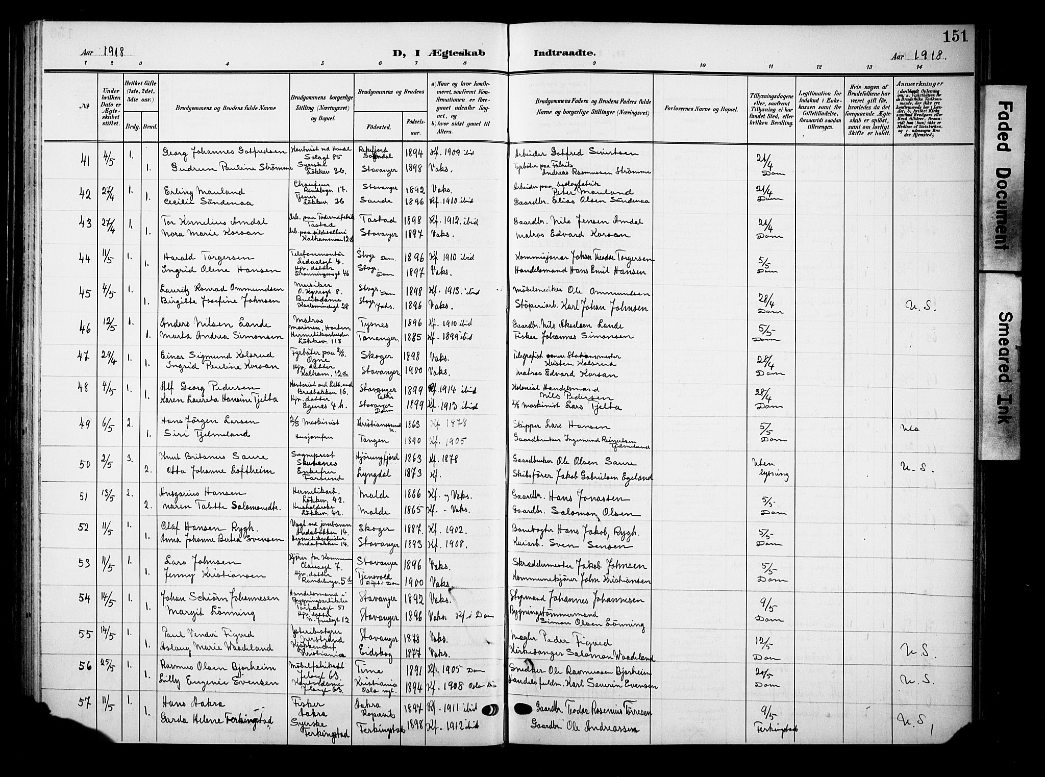 Domkirken sokneprestkontor, AV/SAST-A-101812/001/30/30BB/L0017: Klokkerbok nr. B 17, 1902-1921, s. 151