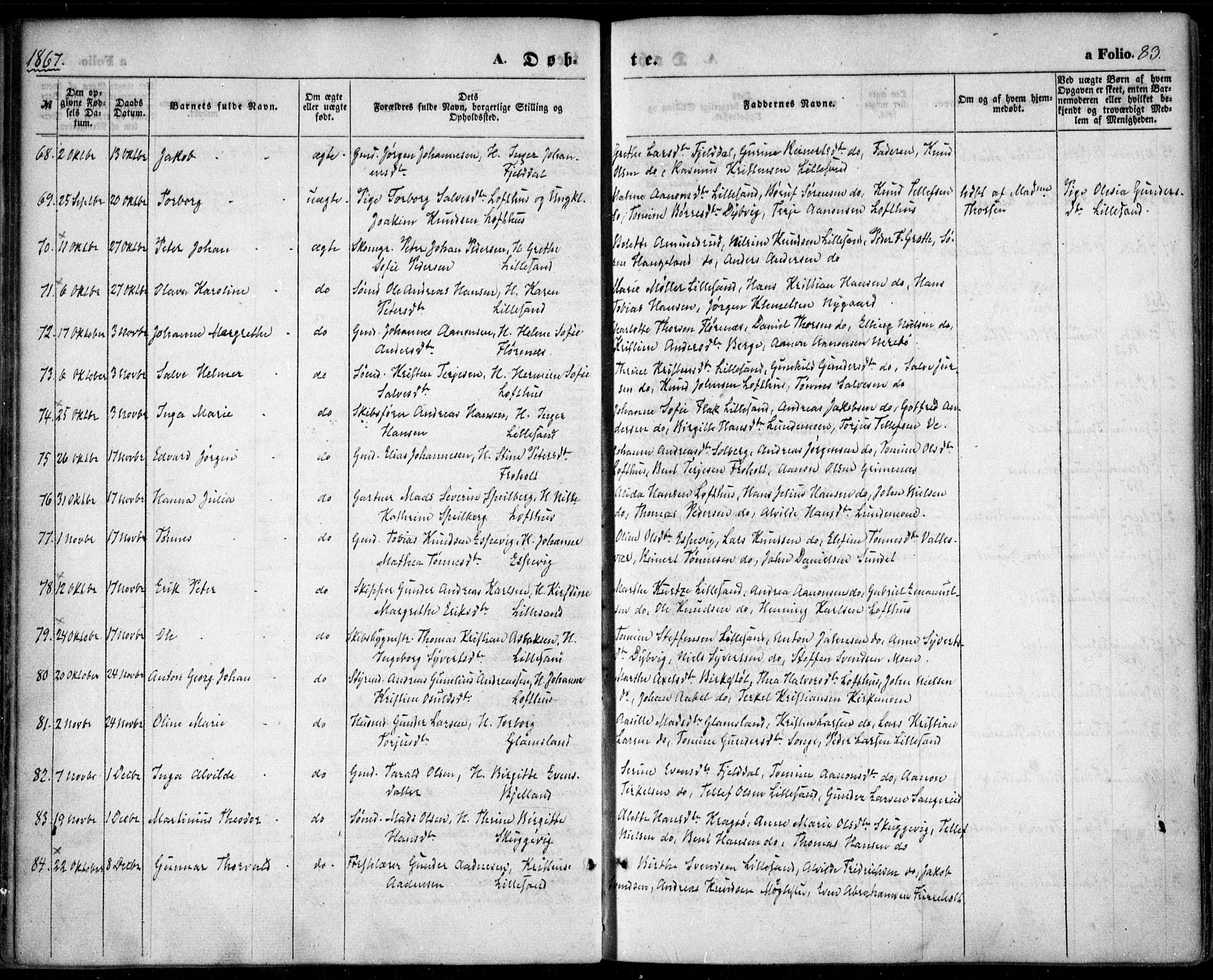 Vestre Moland sokneprestkontor, AV/SAK-1111-0046/F/Fa/Fab/L0007: Ministerialbok nr. A 7, 1859-1872, s. 83