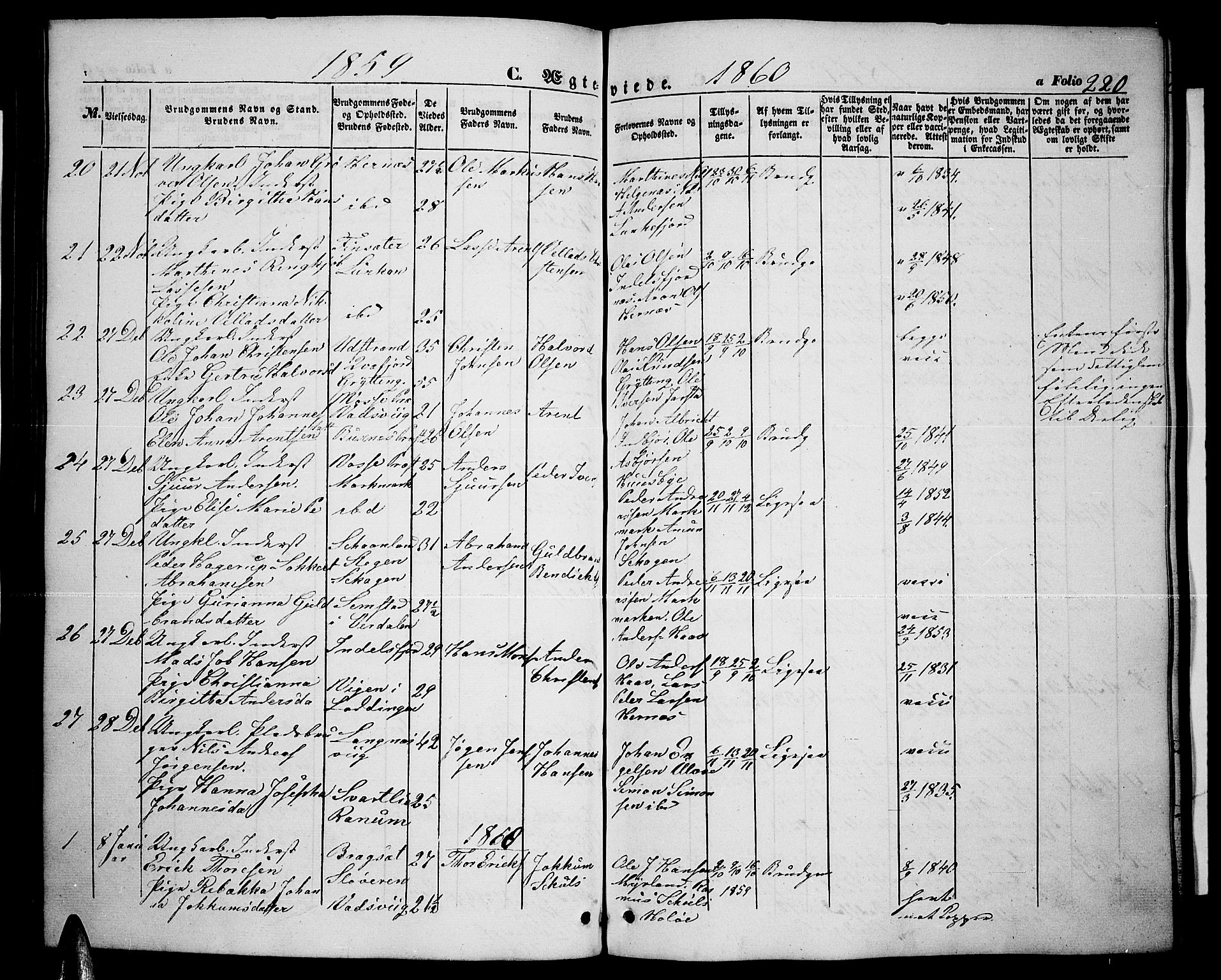 Ministerialprotokoller, klokkerbøker og fødselsregistre - Nordland, SAT/A-1459/888/L1265: Klokkerbok nr. 888C03, 1850-1863, s. 220