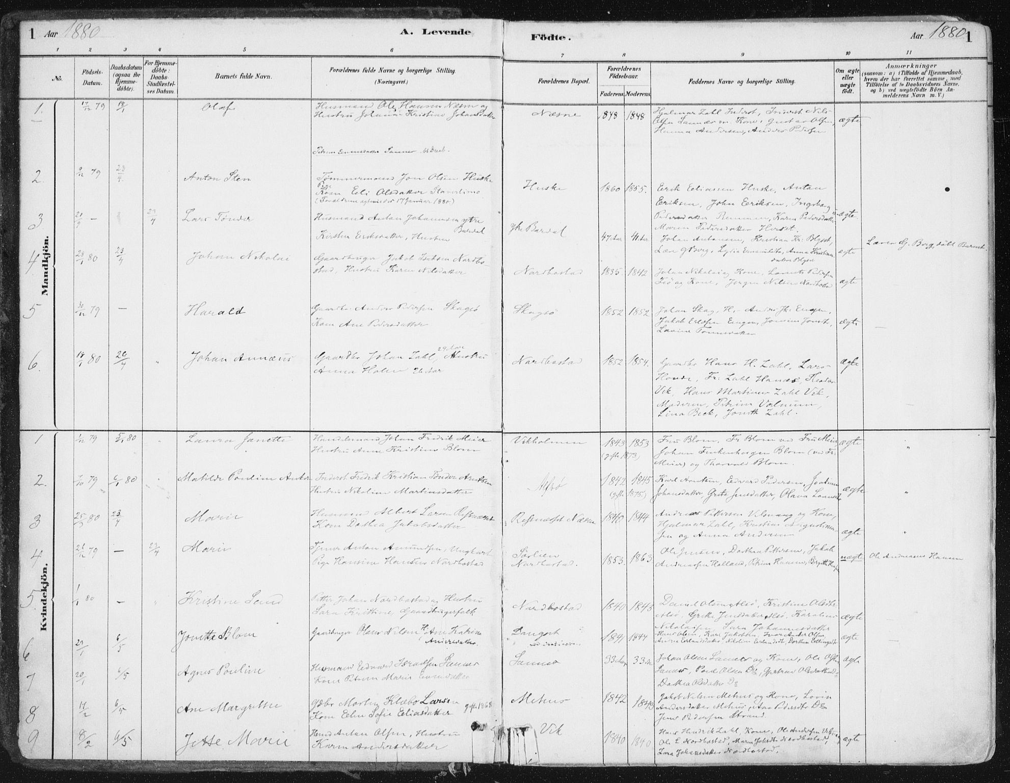 Ministerialprotokoller, klokkerbøker og fødselsregistre - Nordland, SAT/A-1459/838/L0552: Ministerialbok nr. 838A10, 1880-1910, s. 1