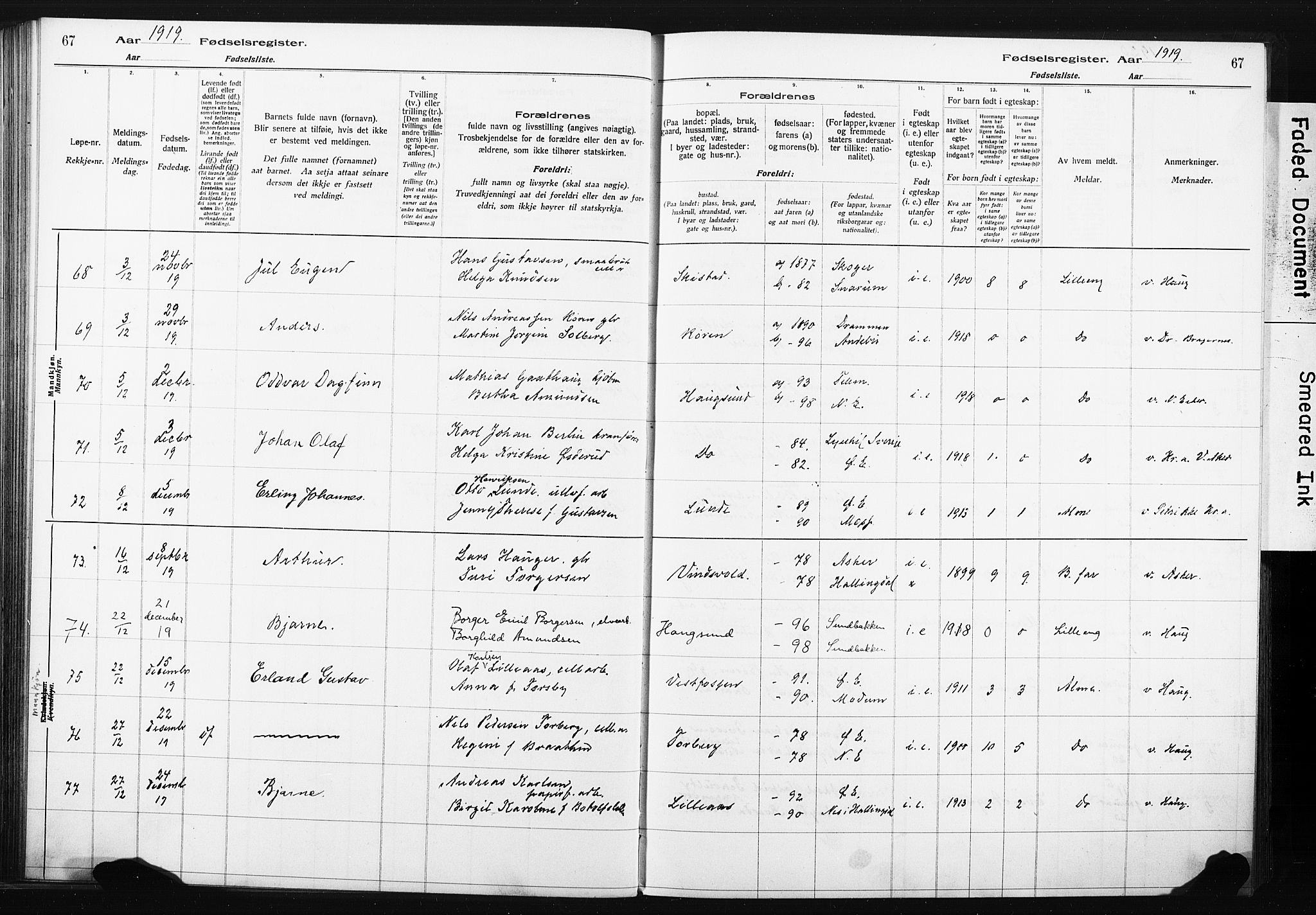 Eiker kirkebøker, AV/SAKO-A-4/J/Ja/L0001: Fødselsregister nr. I 1, 1916-1927, s. 67