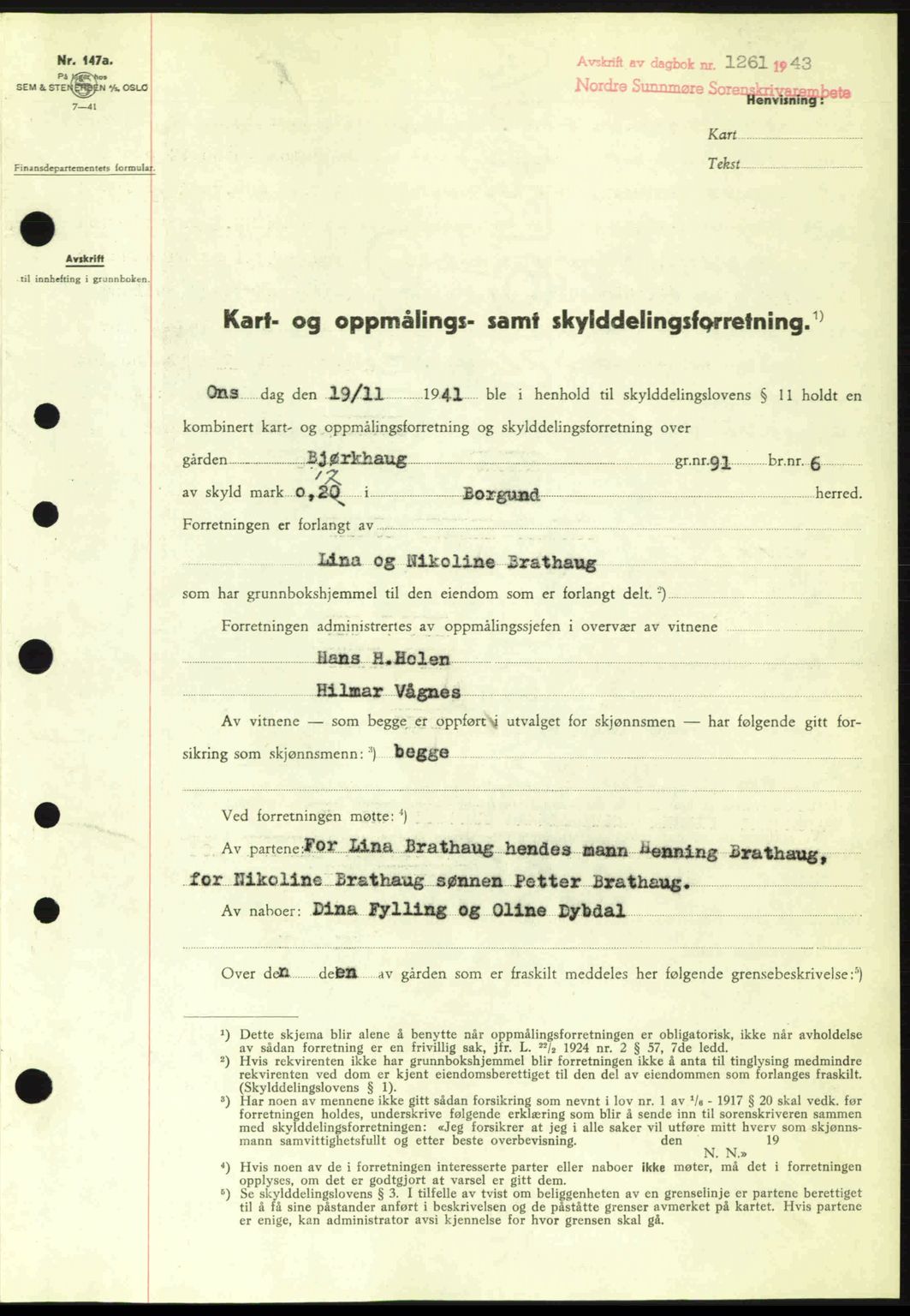 Nordre Sunnmøre sorenskriveri, SAT/A-0006/1/2/2C/2Ca: Pantebok nr. A16, 1943-1943, Dagboknr: 1261/1943