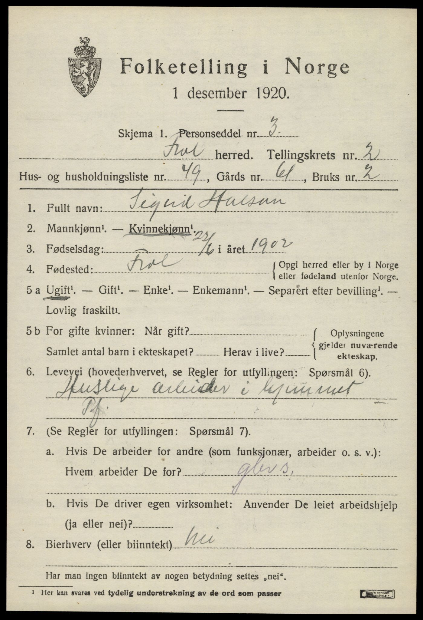 SAT, Folketelling 1920 for 1720 Frol herred, 1920, s. 2819