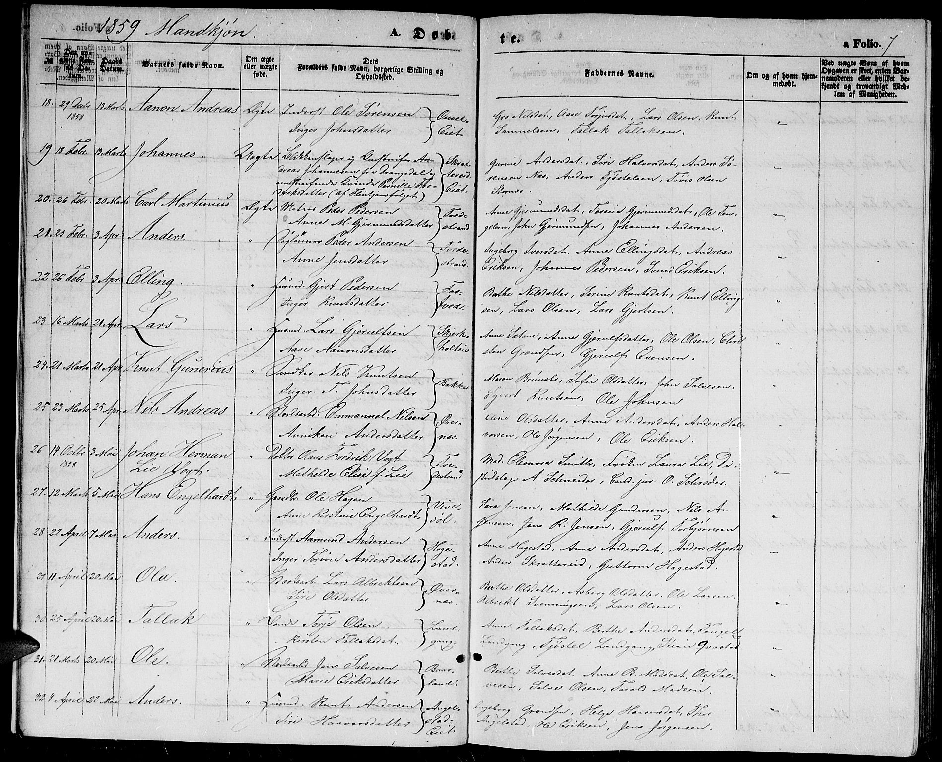 Holt sokneprestkontor, AV/SAK-1111-0021/F/Fb/L0008: Klokkerbok nr. B 8, 1858-1871, s. 7