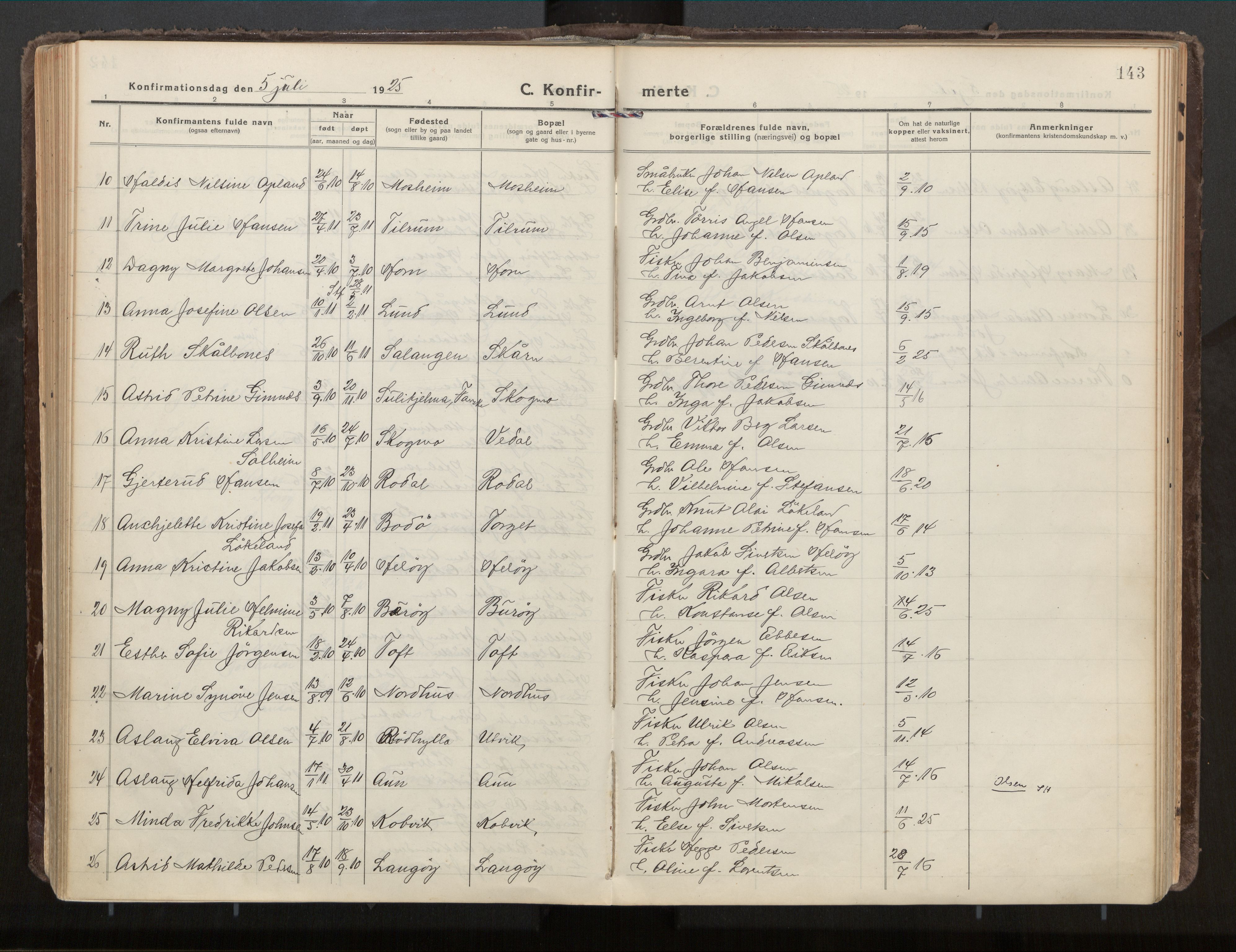 Ministerialprotokoller, klokkerbøker og fødselsregistre - Nordland, AV/SAT-A-1459/813/L0207a: Ministerialbok nr. 813A18, 1919-1927, s. 143