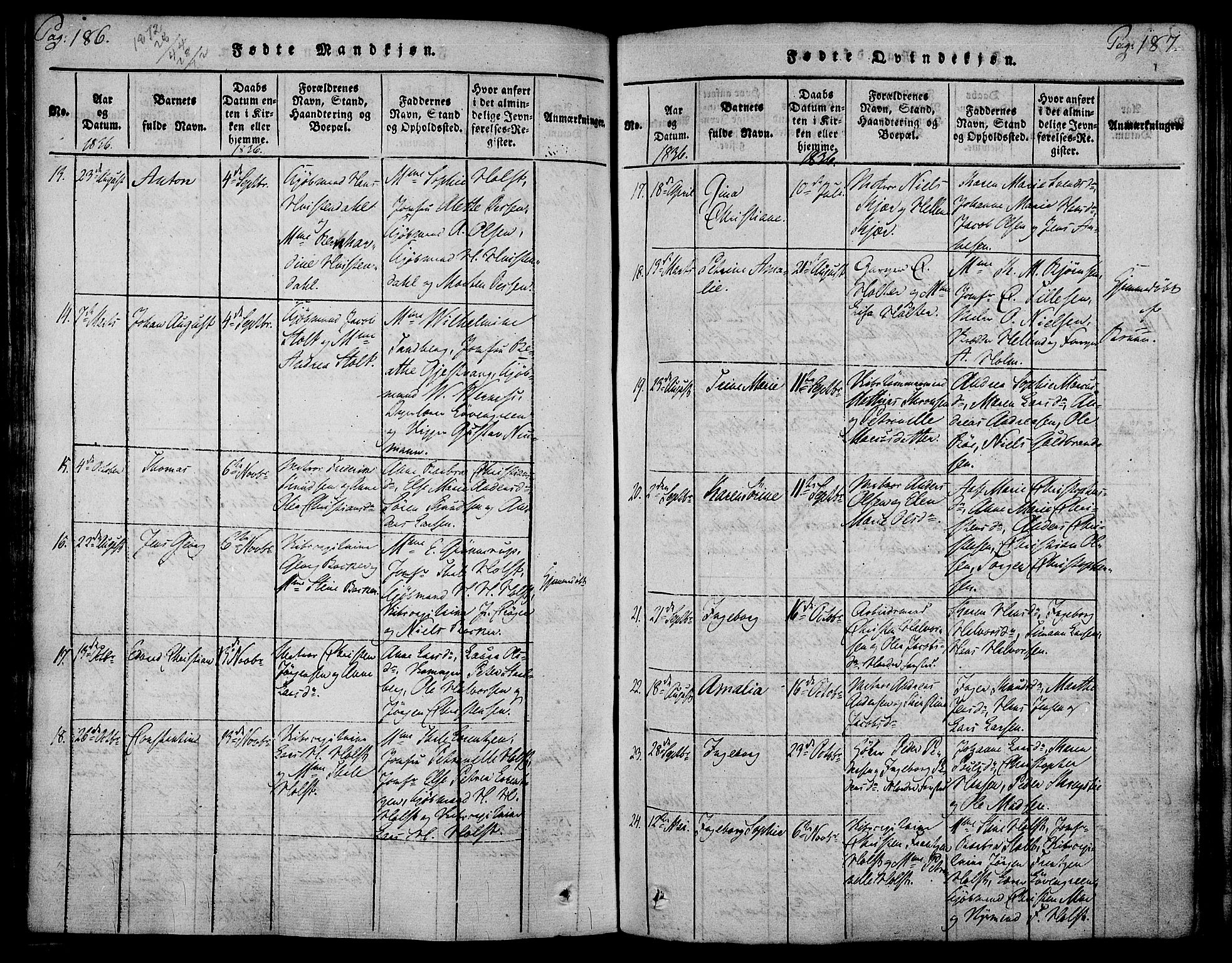 Holmestrand kirkebøker, SAKO/A-346/F/Fa/L0001: Ministerialbok nr. 1, 1814-1840, s. 186-187