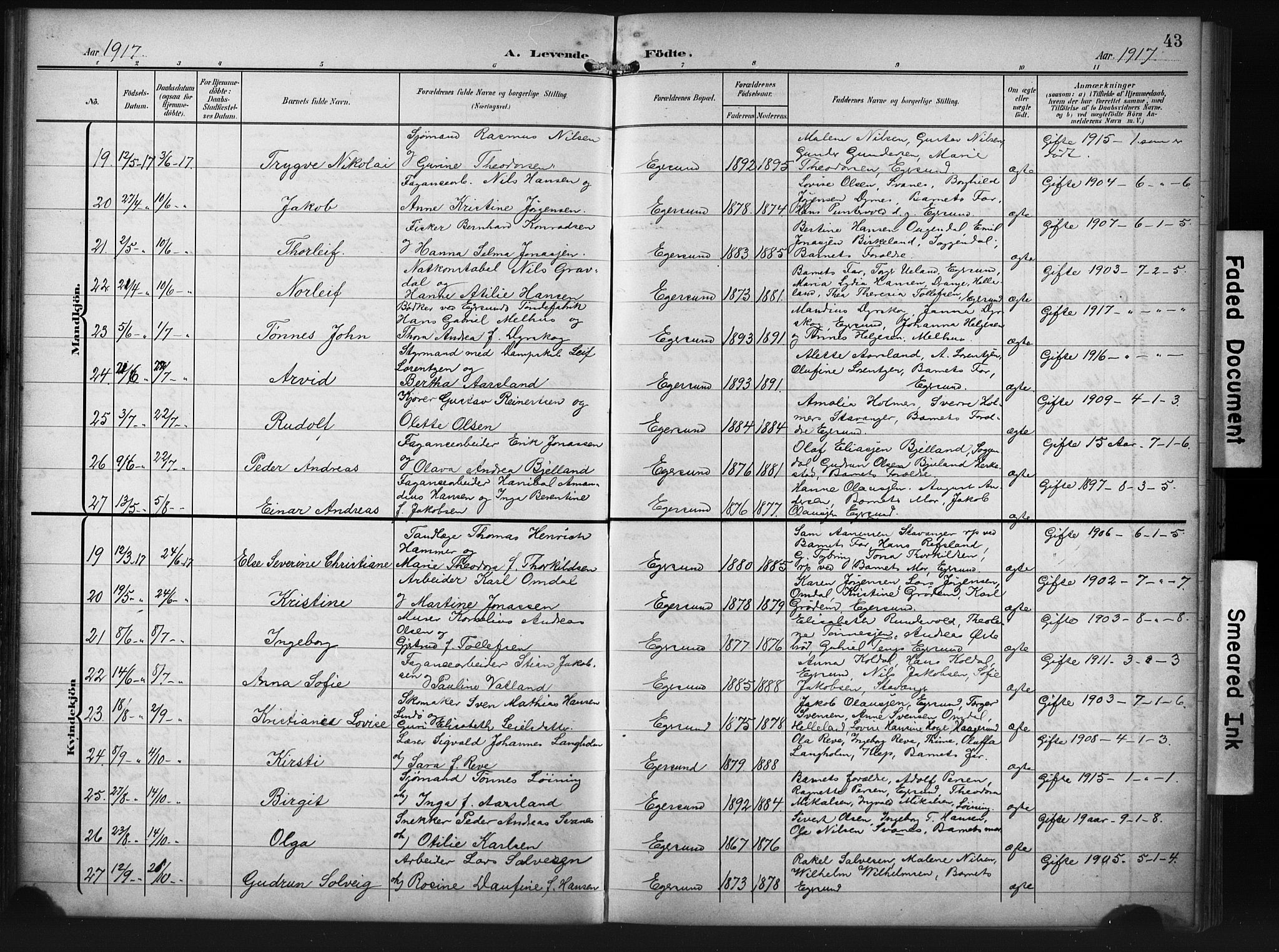 Eigersund sokneprestkontor, AV/SAST-A-101807/S09/L0012: Klokkerbok nr. B 12, 1908-1930, s. 43