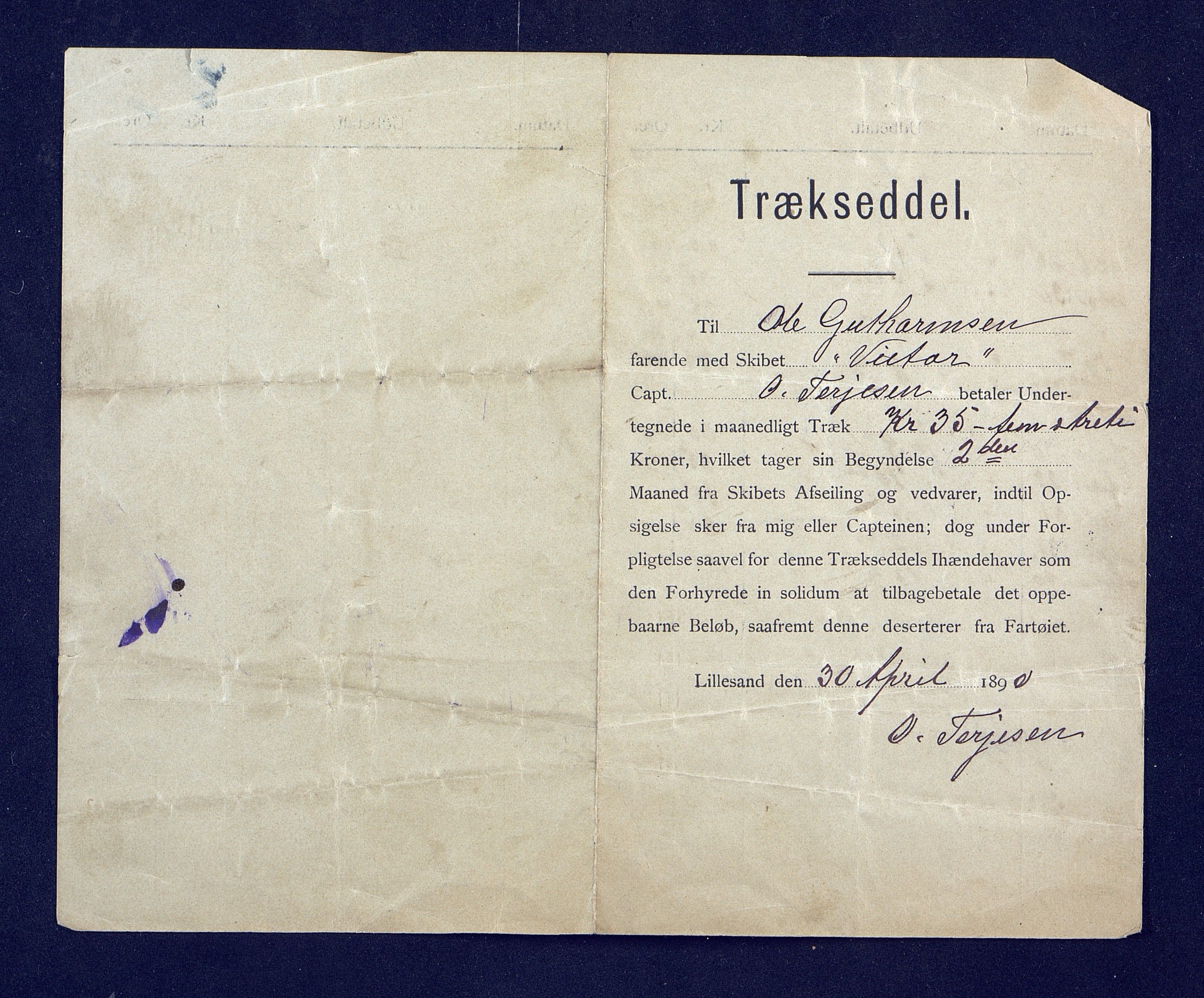 O. Terjesens rederi, AAKS/PA-2525/R/R02/L0001: Regnskapsbilag, 1884-1898