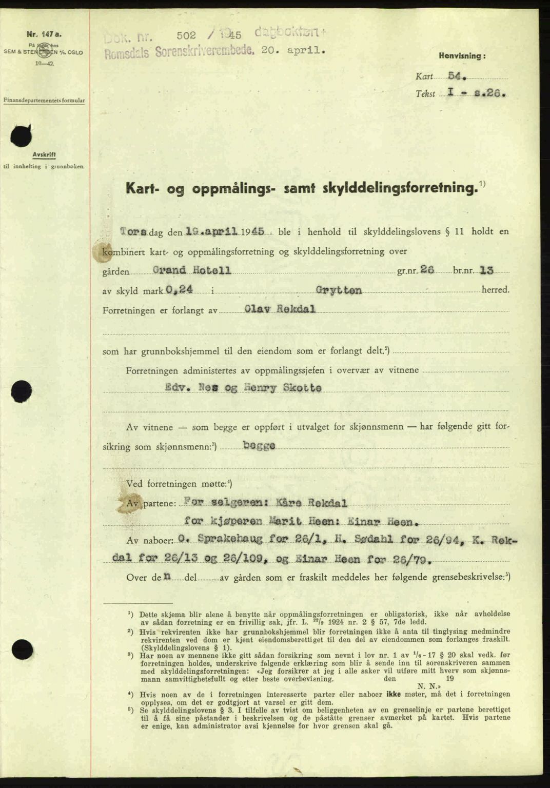 Romsdal sorenskriveri, SAT/A-4149/1/2/2C: Pantebok nr. A17, 1944-1945, Dagboknr: 502/1945