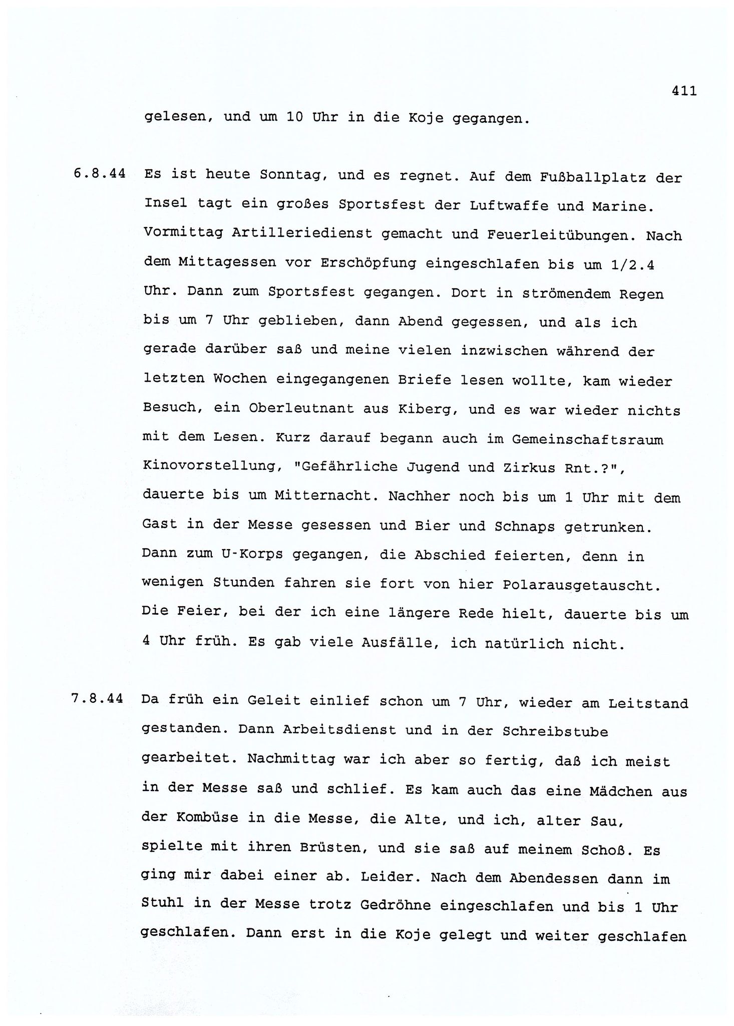 Dagbokopptegnelser av en tysk marineoffiser stasjonert i Norge , FMFB/A-1160/F/L0001: Dagbokopptegnelser av en tysk marineoffiser stasjonert i Norge, 1941-1944, s. 411