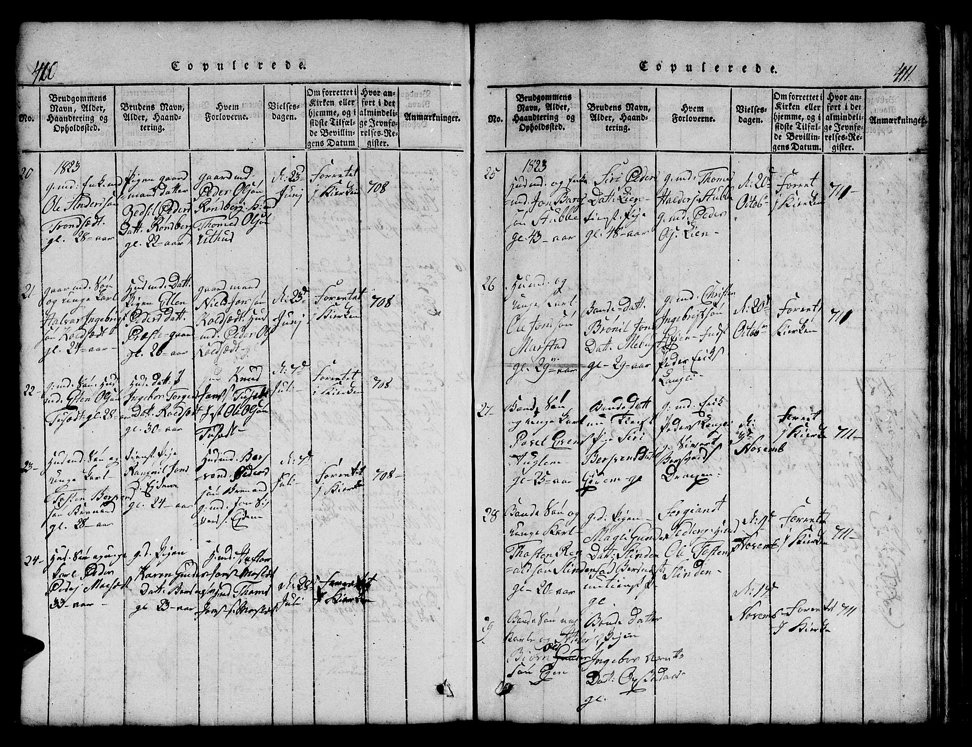 Ministerialprotokoller, klokkerbøker og fødselsregistre - Sør-Trøndelag, AV/SAT-A-1456/695/L1152: Klokkerbok nr. 695C03, 1816-1831, s. 410-411