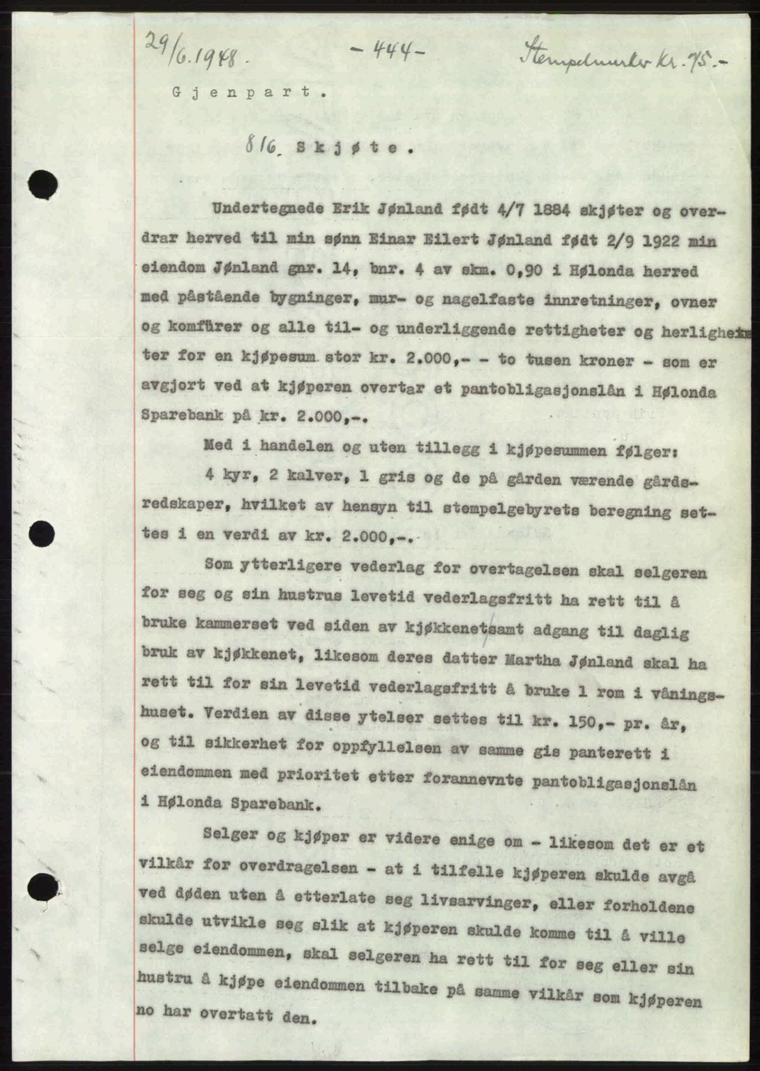 Gauldal sorenskriveri, SAT/A-0014/1/2/2C: Pantebok nr. A6, 1948-1948, Dagboknr: 816/1948