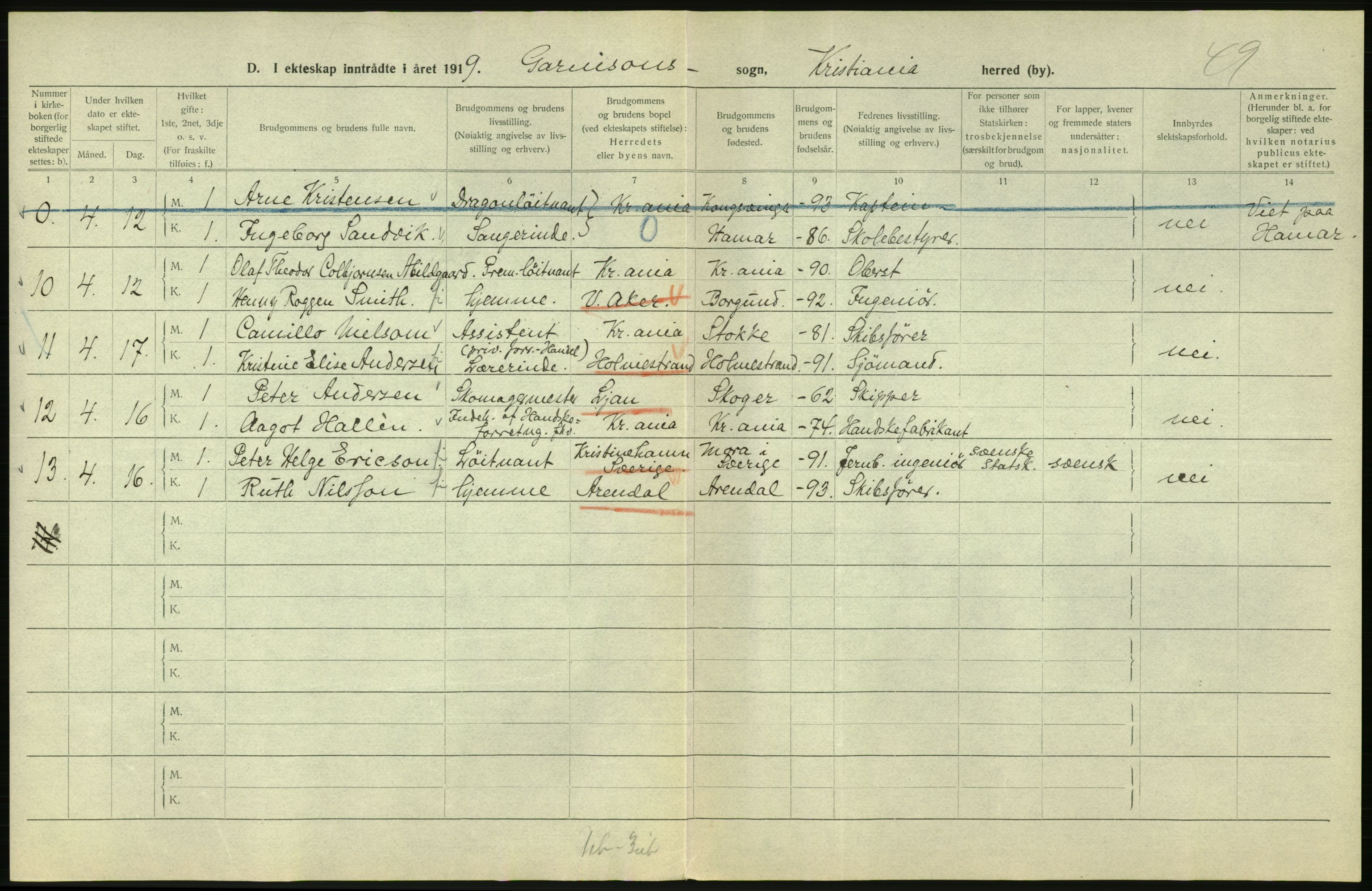 Statistisk sentralbyrå, Sosiodemografiske emner, Befolkning, AV/RA-S-2228/D/Df/Dfb/Dfbi/L0009: Kristiania: Gifte, 1919, s. 762